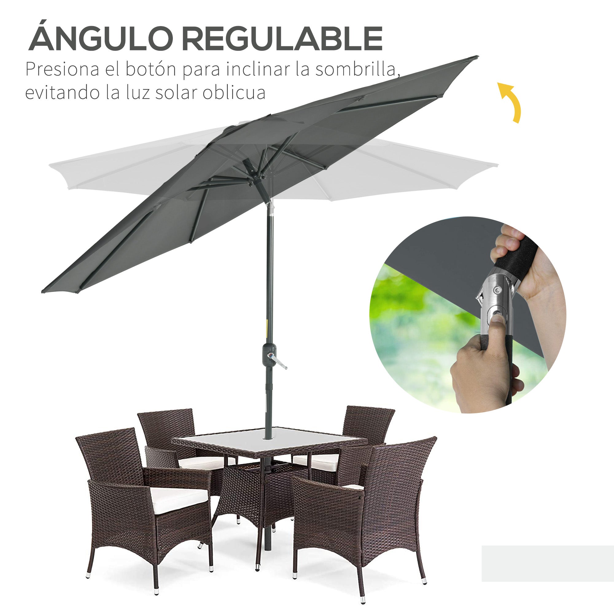 Outsunny Conjunto de Sombrilla Incluye 1 Sombrilla de Jardín de Aluminio Ø264x253 cm y 1 Base Cuadrada Relleno de Cemento Peso 25 kg Gris y Natural