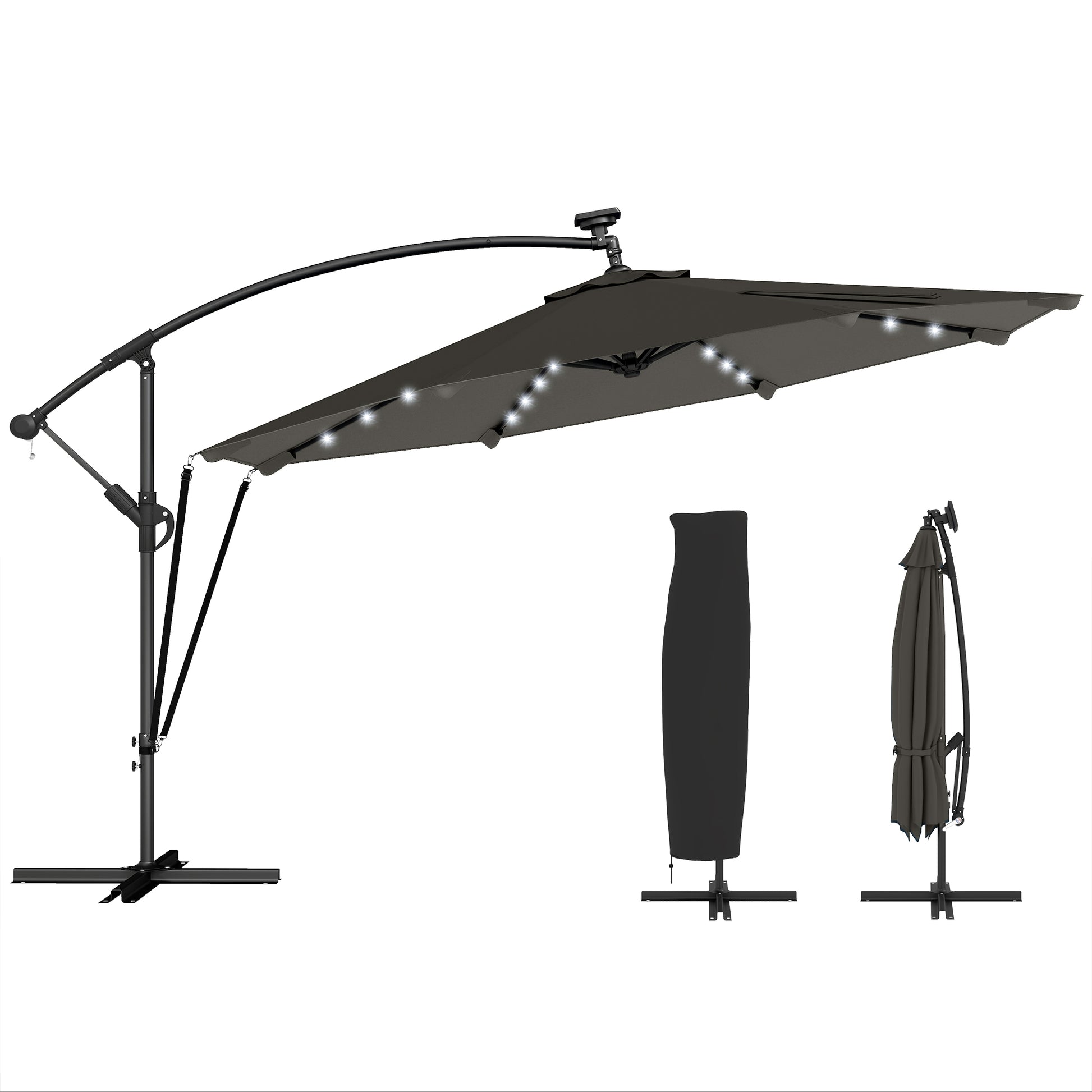 Outsunny Parasol Excéntrico con Luces LED Solares, Ø345 cm, Sombrilla de Jardín de Aluminio con Base Cruzada, Manivela, Funda Protectora, Cuerdas de Viento, UPF50+, para Terraza, Patio, Gris Oscuro