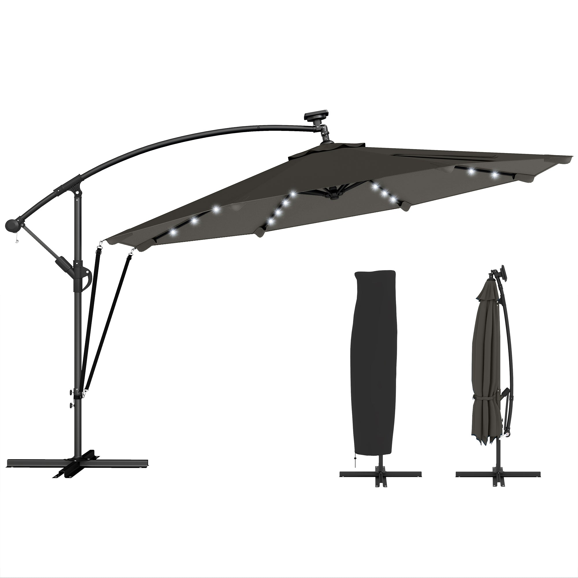 Outsunny Parasol Excéntrico con Luces LED Solares, Ø345 cm, Sombrilla de Jardín de Aluminio con Base Cruzada, Manivela, Funda Protectora, Cuerdas de Viento, UPF50+, para Terraza, Patio, Gris Oscuro