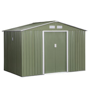 Outsunny Caseta de Jardín Exterior 4,9 m² 277x195x192 cm Cobertizo de Jardín Exterior con Puerta Corredera Techo Inclinado Base Refuerzo (Suelo NO Incluido) y 4 Ventanas Verde Claro