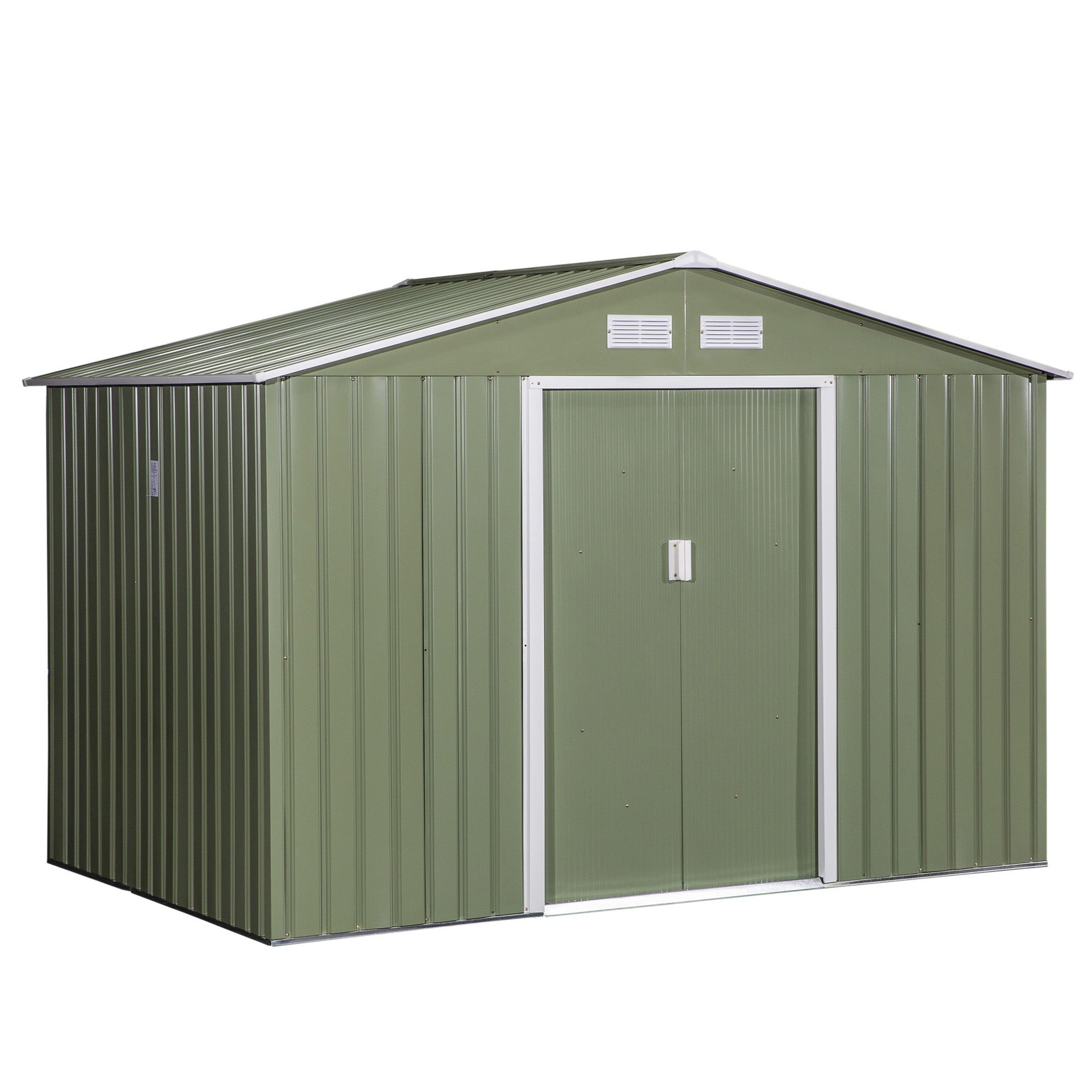 Outsunny Caseta de Jardín Exterior 4,9 m² 277x195x192 cm Cobertizo de Jardín Exterior con Puerta Corredera Techo Inclinado Base Refuerzo (Suelo NO Incluido) y 4 Ventanas Verde Claro
