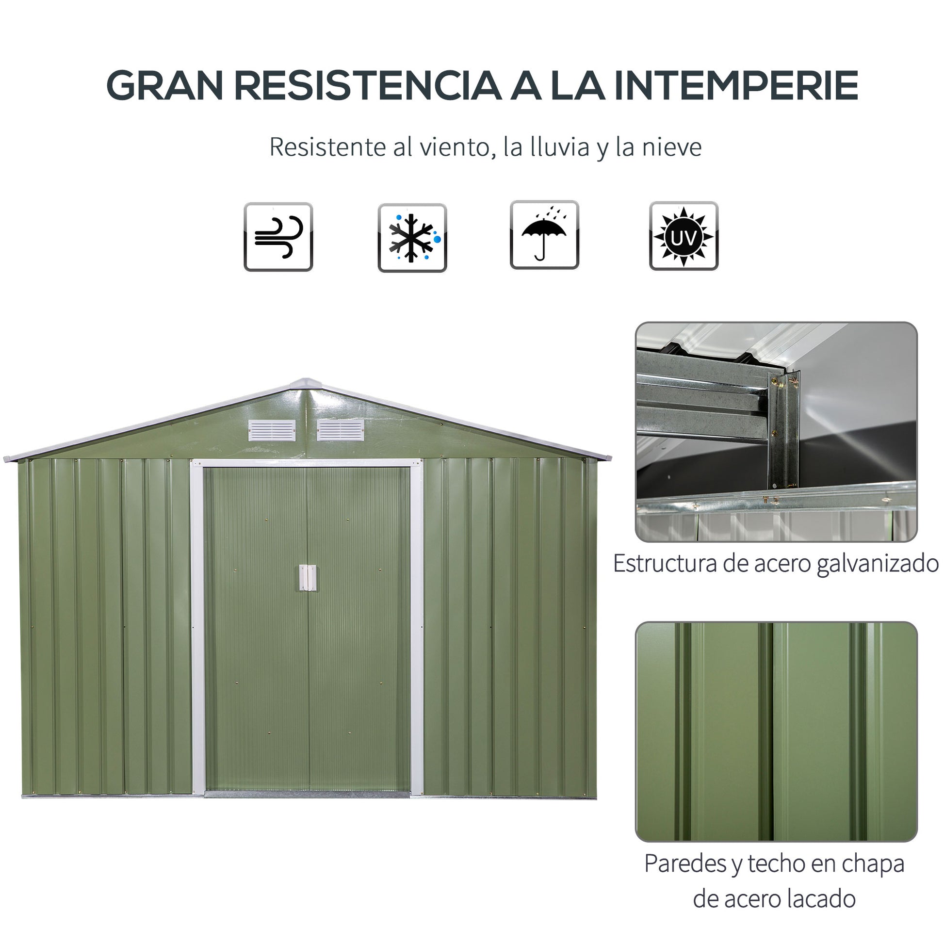 Outsunny Caseta de Jardín Exterior 4,9 m² 277x195x192 cm Cobertizo de Jardín Exterior con Puerta Corredera Techo Inclinado Base Refuerzo (Suelo NO Incluido) y 4 Ventanas Verde Claro