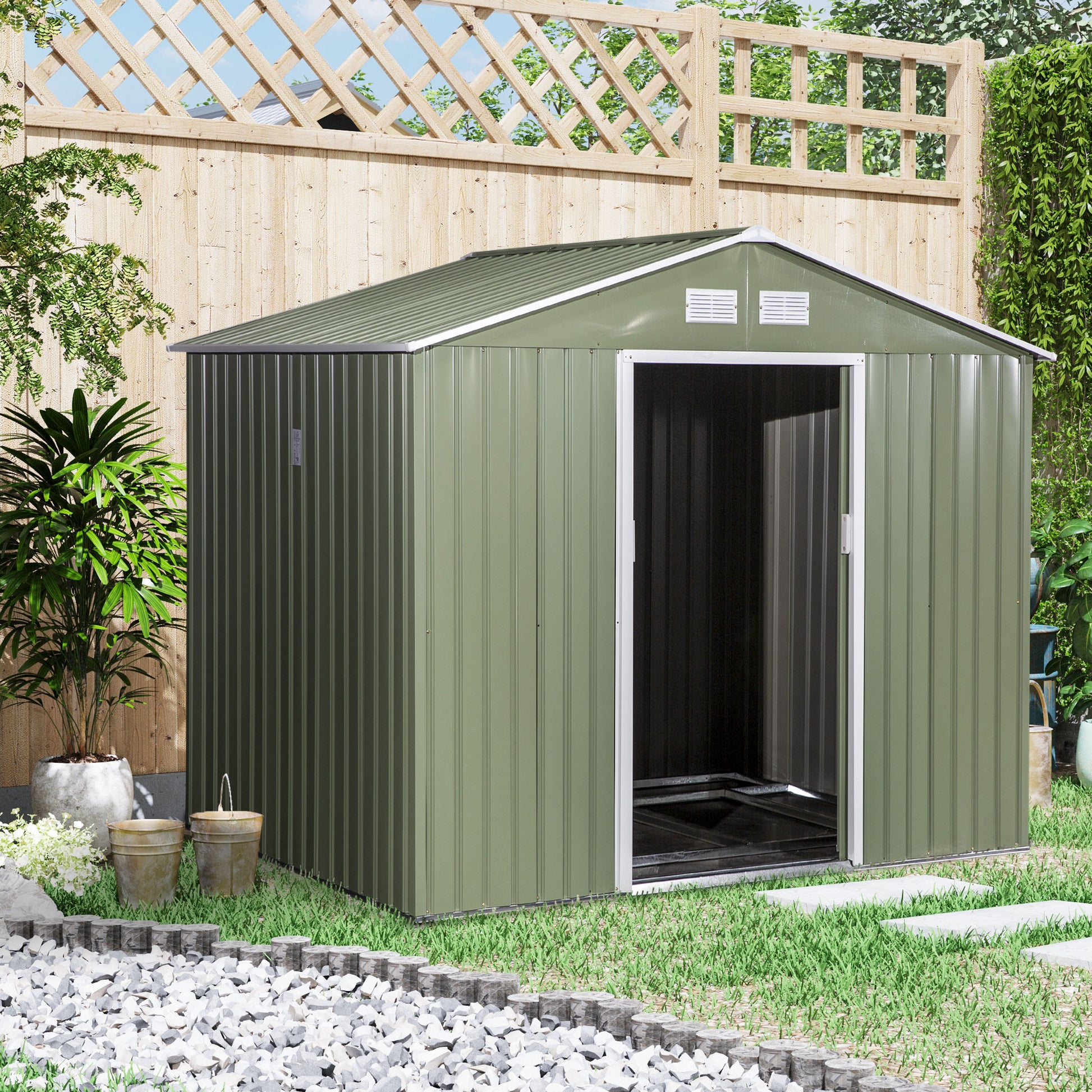 Outsunny Caseta de Jardín Exterior 4,9 m² 277x195x192 cm Cobertizo de Jardín Exterior con Puerta Corredera Techo Inclinado Base Refuerzo (Suelo NO Incluido) y 4 Ventanas Verde Claro