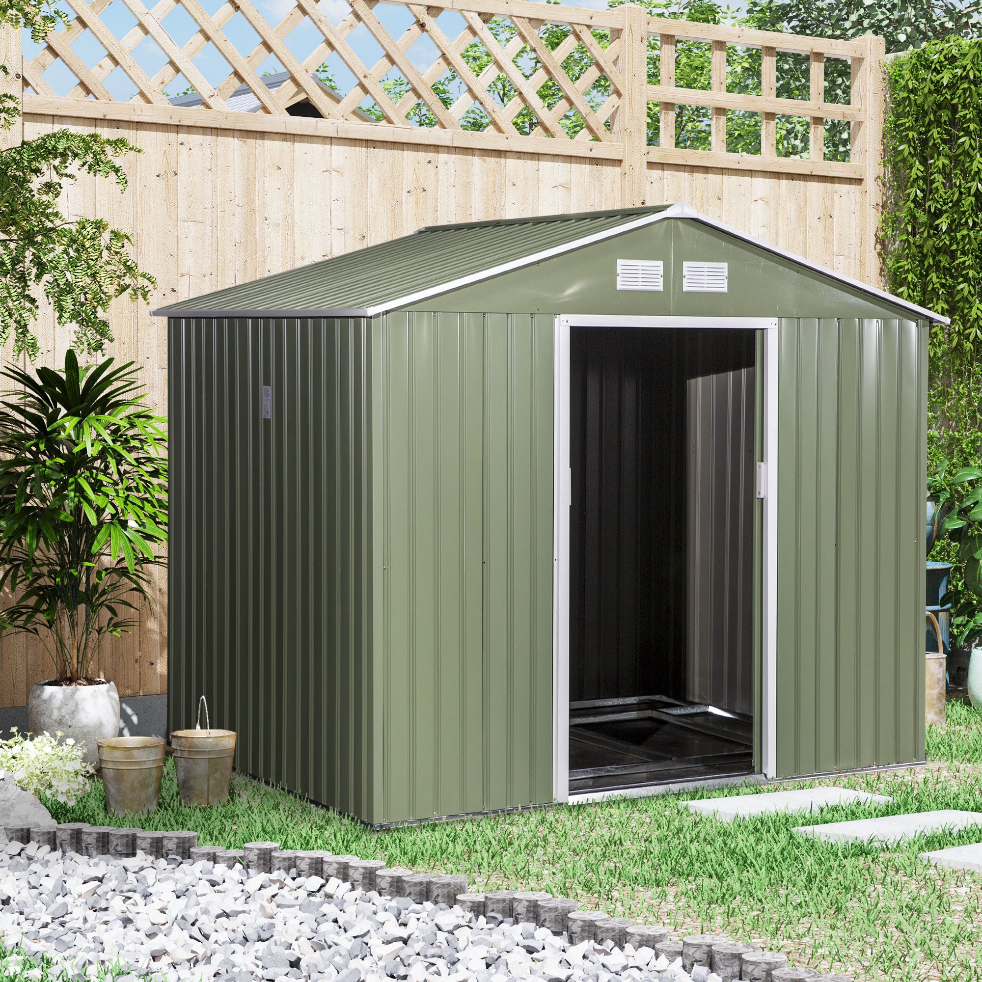Outsunny Caseta de Jardín Exterior 4,9 m² 277x195x192 cm Cobertizo de Jardín Exterior con Puerta Corredera Techo Inclinado Base Refuerzo (Suelo NO Incluido) y 4 Ventanas Verde Claro