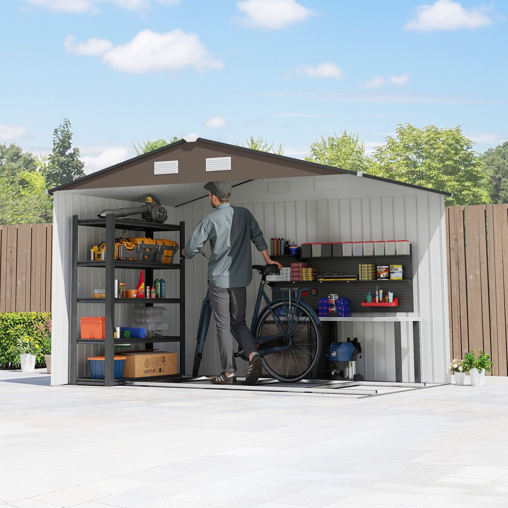 Outsunny Caseta de Jardín Exterior 4,9 m², 277x195x192 cm, Cobertizo de Jardín Exterior Metálico con Puerta Corredera, Ventilación y Kit de Fundación, para Almacenamiento de Herramientas, Marrón