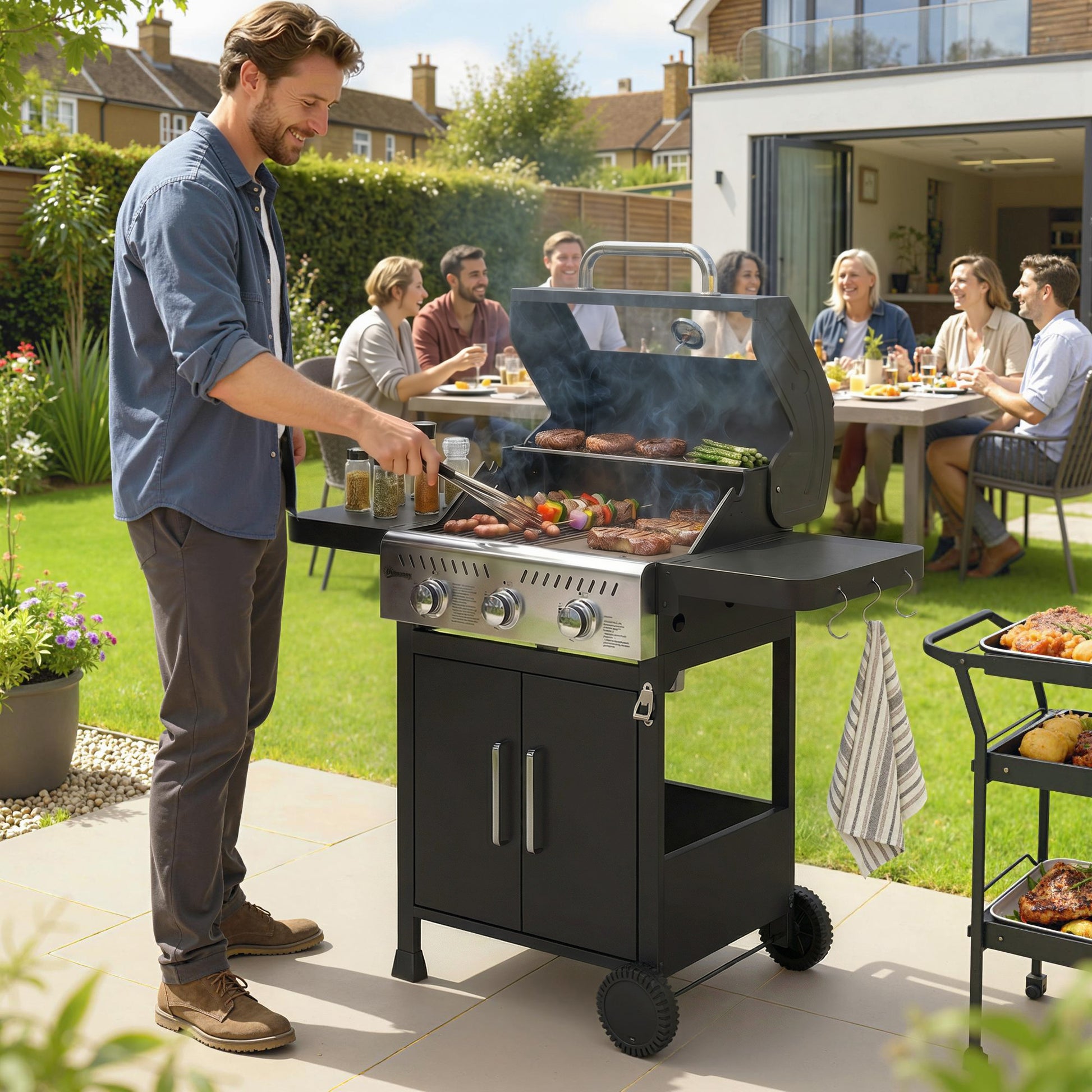 Outsunny Barbacoa de Gas BBQ Gas Portátil con 3 Quemadores 7,5 kW Termómetro Mesas Laterales Plegables Armario Rejilla Calentadora Parrilla Plancha Tapa con Ventana Recogedor y Recipiente Grasa Ruedas