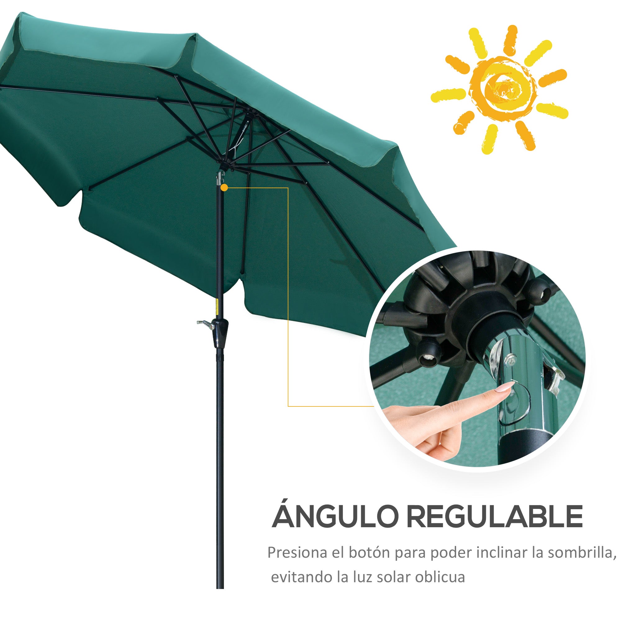 Outsunny Conjunto de Sombrilla Incluye 1 Sombrilla de Jardín de Aluminio Ø266x250 cm y 1 Base de Sombrilla de Resina Peso 15 kg 47x47x32 cm Verde y Bronce
