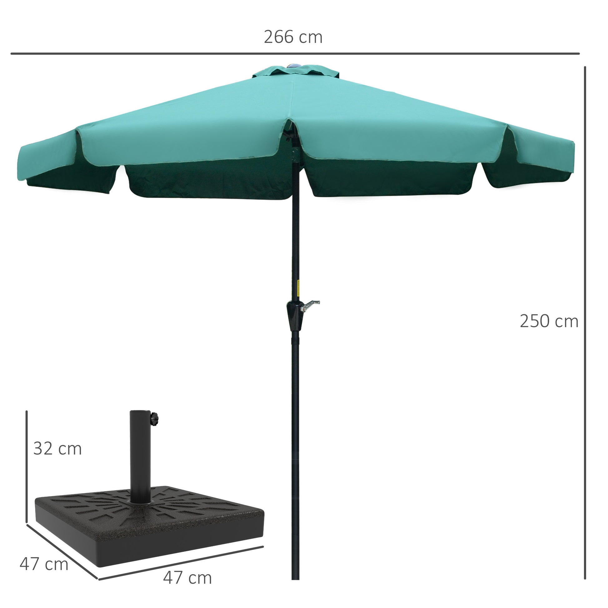 Outsunny Conjunto de Sombrilla Incluye 1 Sombrilla de Jardín de Aluminio Ø266x250 cm y 1 Base de Sombrilla de Resina Peso 15 kg 47x47x32 cm Verde y Bronce
