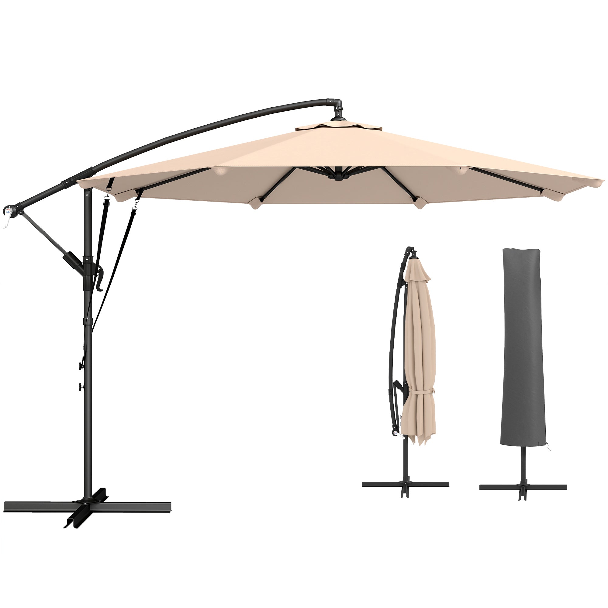 Outsunny Parasol Excéntrico, Ø300 cm, Sombrilla de Jardín con Base Cruzada, Manivela, Funda Protectora y Cuerdas de Viento, UPF30+, para Terraza, Patio, Caqui