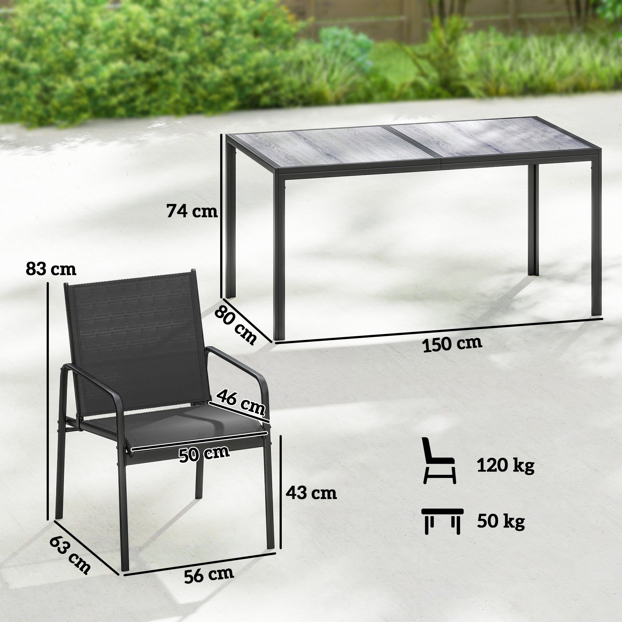 Outsunny Conjunto de Mesa y Sillas Jardín de 7 Piezas, Muebles de Jardín Exterior con Mesa de Efecto Madera y 6 Sillas con Asiento Transpirable, Marco de Acero Galvanizado, para Terraza, Patio, Negro