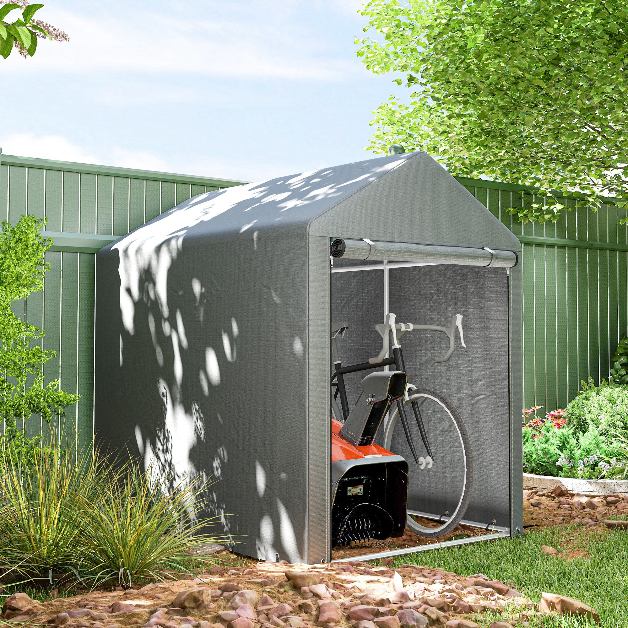 Outsunny Carpa de Jardín Exterior para Herramientas Bicicletas 1,2x1,8x1,65 m, Cobertizo Exterior con 2 Habitaciones, Puerta Enrollable con Cremallera, Impermeable Anti-UV, Garaje Portátil, Gris Claro