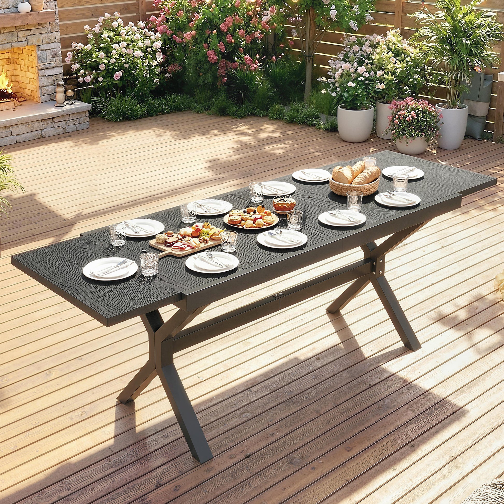 Outsunny Mesa de Jardín Extensible con Superficie de Aluminio, 154/214x85 cm, Mesa de Comedor Exterior Extensible Rectangular con Imitación Madera para 8-10 Personas, para Patio, Terraza, Gris Oscuro