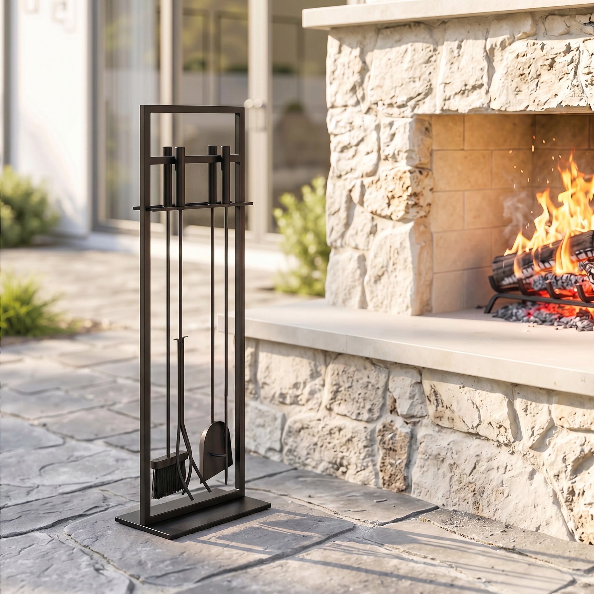 Outsunny Juego Utensilios Chimenea de 5 Piezas, Juego de Accesorios para Chimenea de Metal con Cepillo, Pala, 1 Par de Pinzas, Atizador y Soporte, 28x15x76 cm, Negro