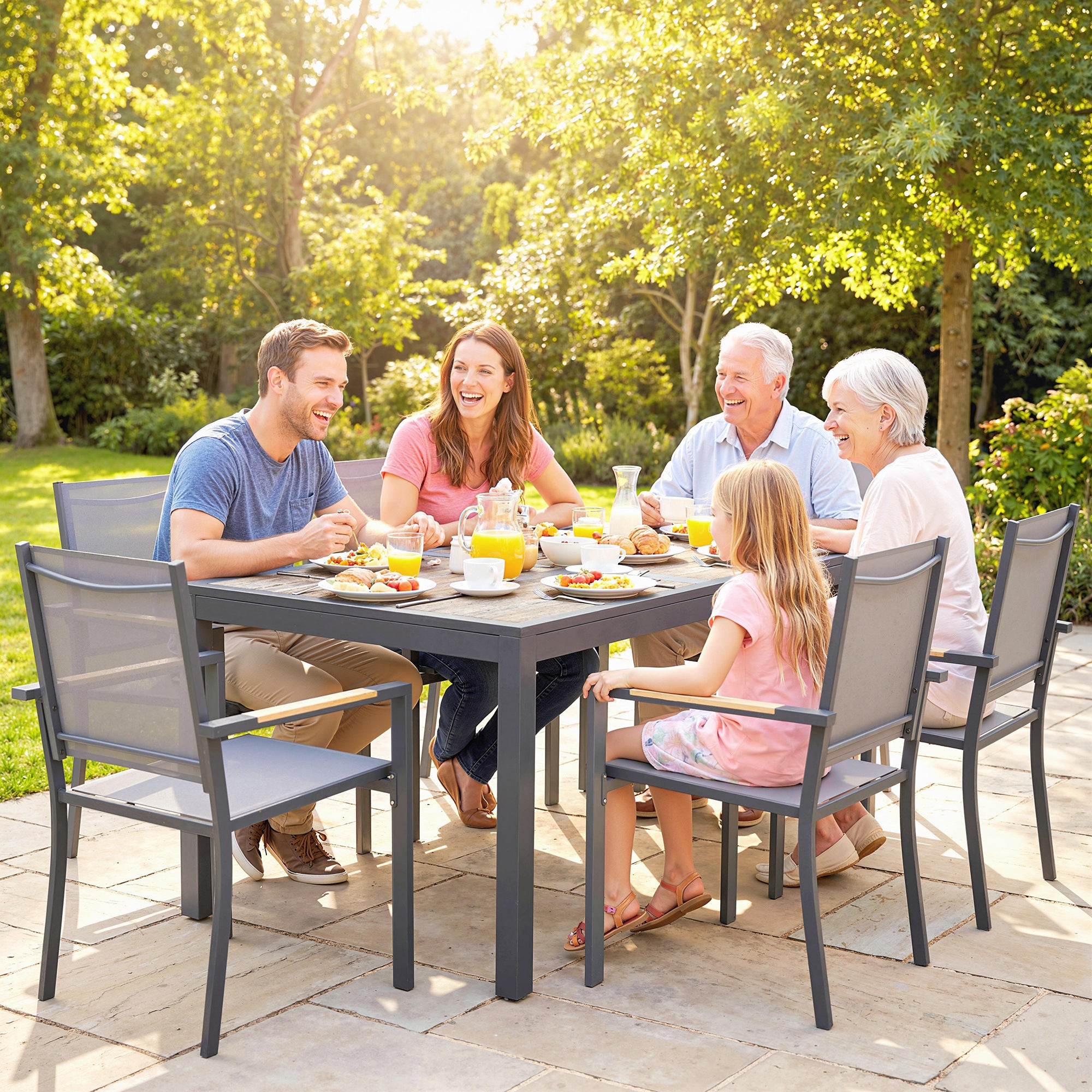 Outsunny Conjunto de Mesa y Sillas Jardín de 7 Piezas, Muebles Jardín Exterior con Mesa de Plástico PSPC, 6 Sillas Apilables Transpirables, Marco de Acero Resistente a la Intemperie, Gris Oscuro