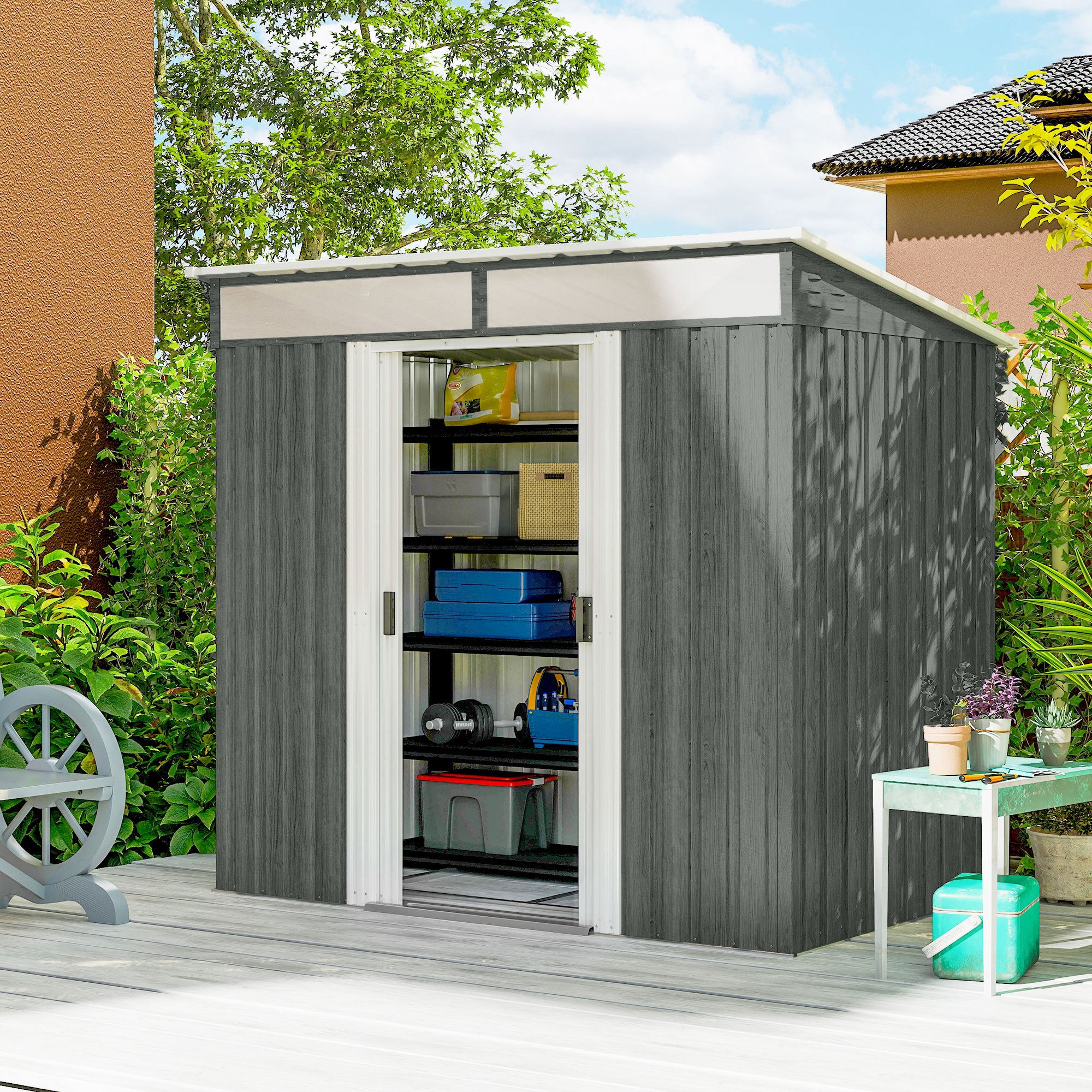 Outsunny Caseta de Jardín Exterior 2 m² 195x122x181,5 cm Cobertizo de Jardín Exterior Metálica con Base SIN SUELO 2 Puertas Correderas Ventanas y Ganchos para Herramientas Gris Claro