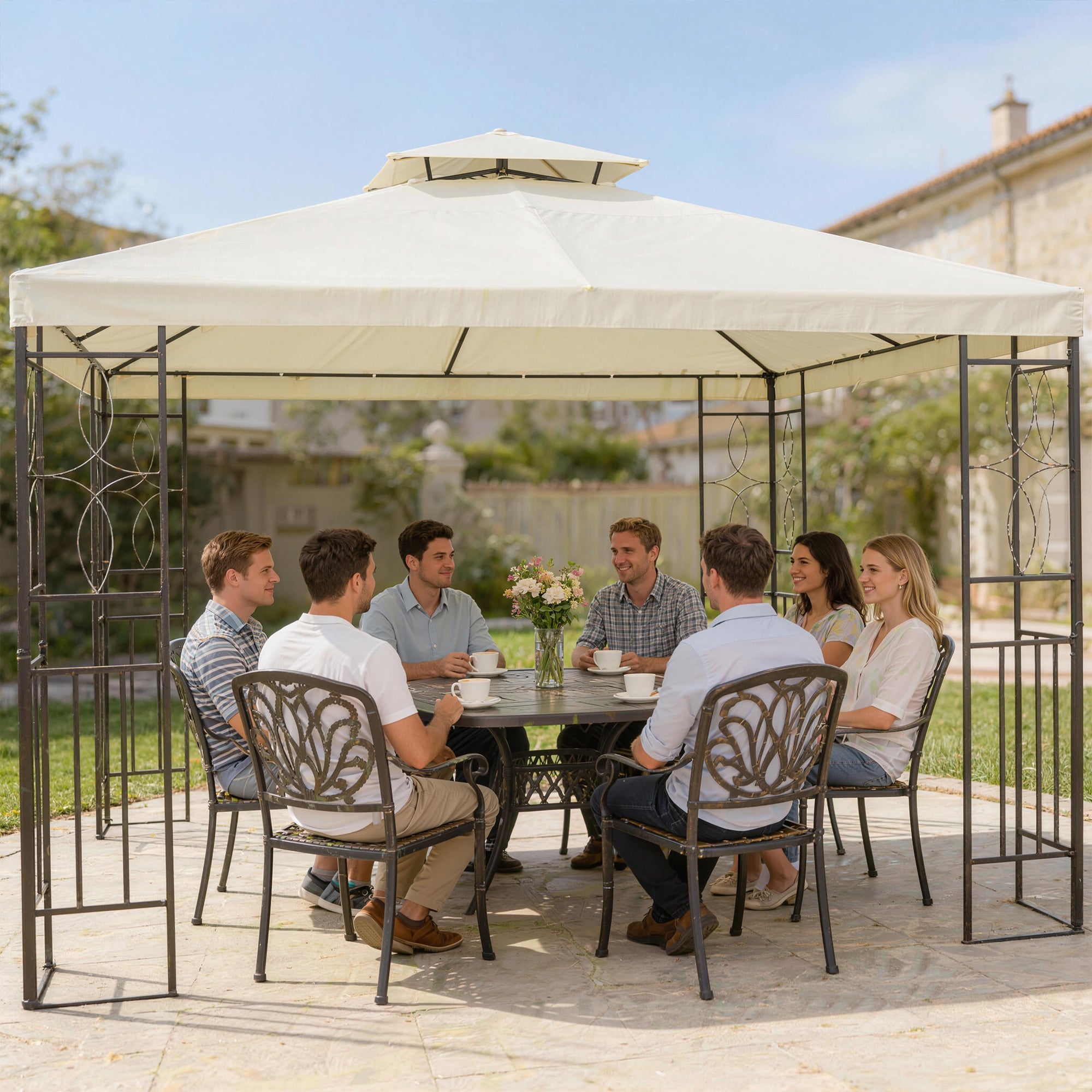Outsunny Cenador de Jardín 4x3 m, Pabellón de Jardín Gazebo con Doble Techo, Marco de Acero, 8 Orificios de Drenaje, UPF30+, Carpa para Exterior, Terraza, Patio, Fiestas, Blanco Crema