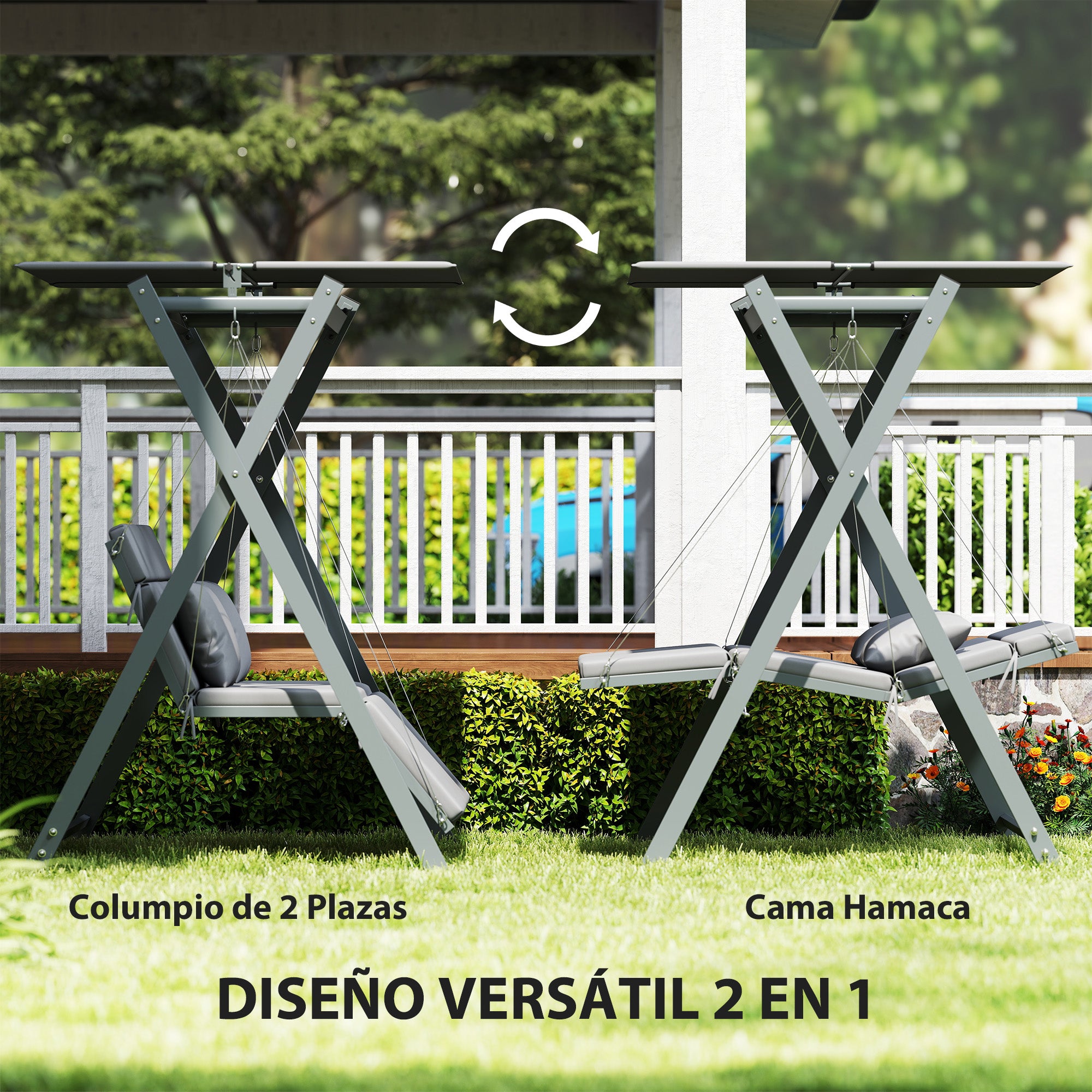 Outsunny Columpio de Jardín Exterior de 2 Plazas Balancín de Jardín Exterior Convertible en Cama con Toldo Ajustable Protección UV30+ y Cojines Carga 220 kg 142x130x168 cm Gris Oscuro