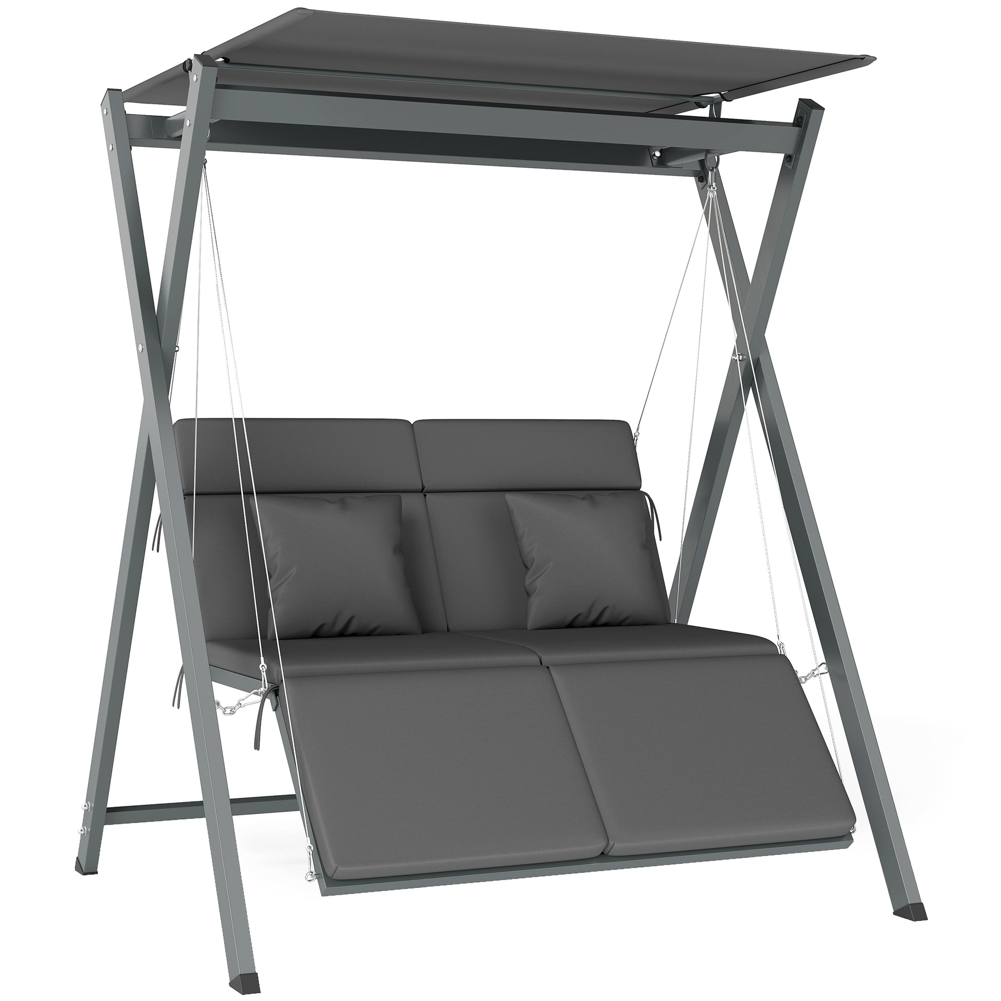 Outsunny Columpio de Jardín Exterior de 2 Plazas Balancín de Jardín Exterior Convertible en Cama con Toldo Ajustable Protección UV30+ y Cojines Carga 220 kg 142x130x168 cm Gris Oscuro
