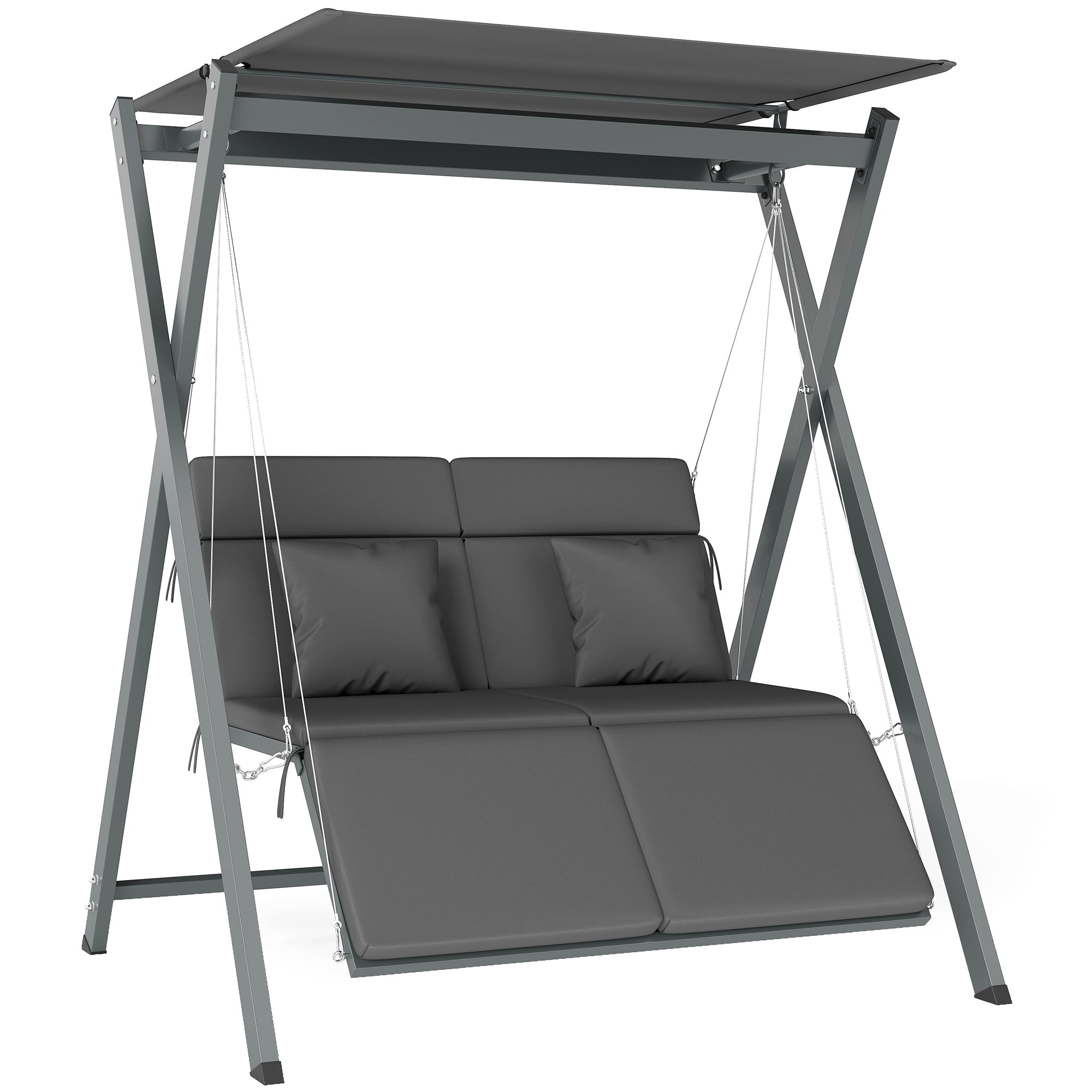 Outsunny Columpio de Jardín Exterior de 2 Plazas Balancín de Jardín Exterior Convertible en Cama con Toldo Ajustable Protección UV30+ y Cojines Carga 220 kg 142x130x168 cm Gris Oscuro