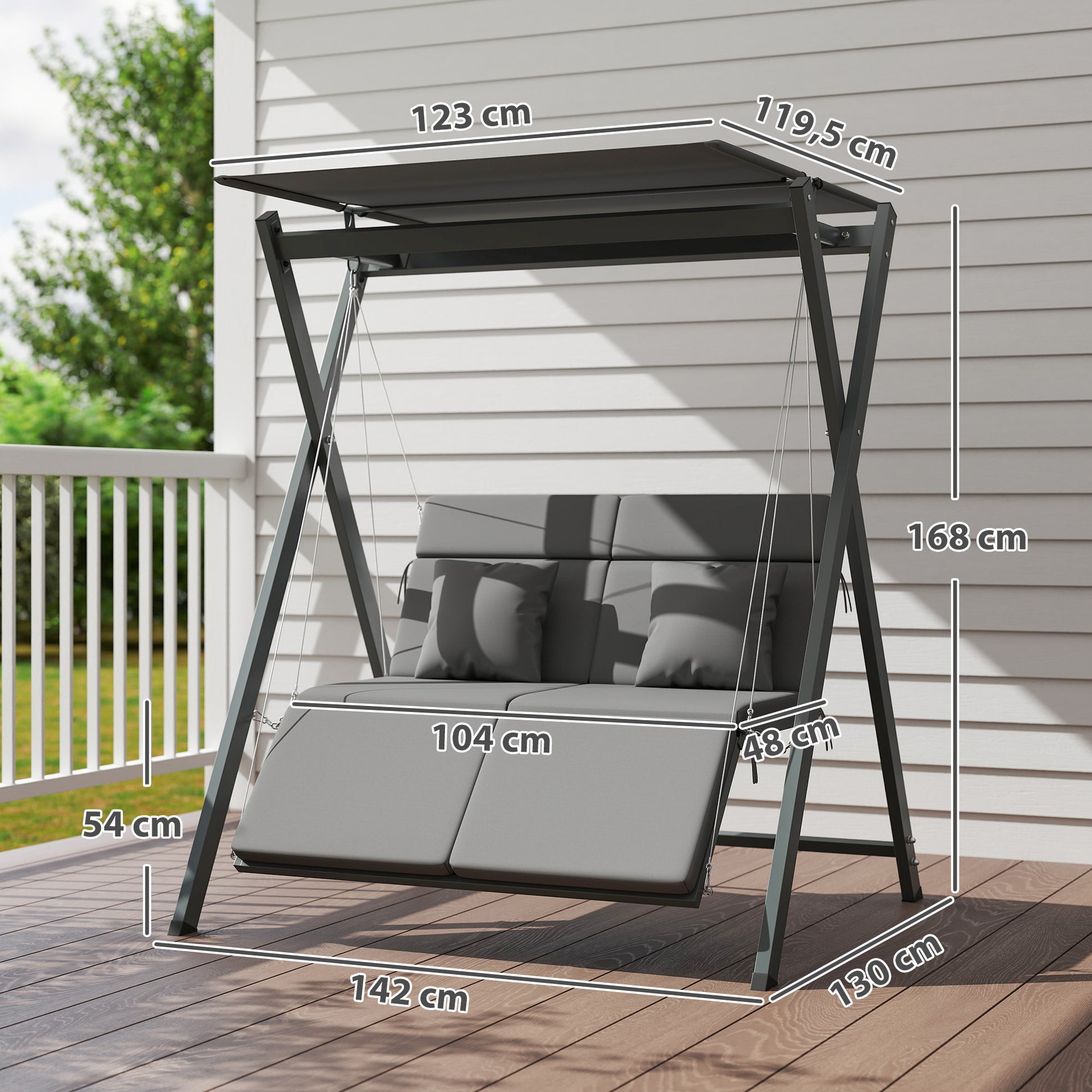 Outsunny Columpio de Jardín Exterior de 2 Plazas Balancín de Jardín Exterior Convertible en Cama con Toldo Ajustable Protección UV30+ y Cojines Carga 220 kg 142x130x168 cm Gris Oscuro