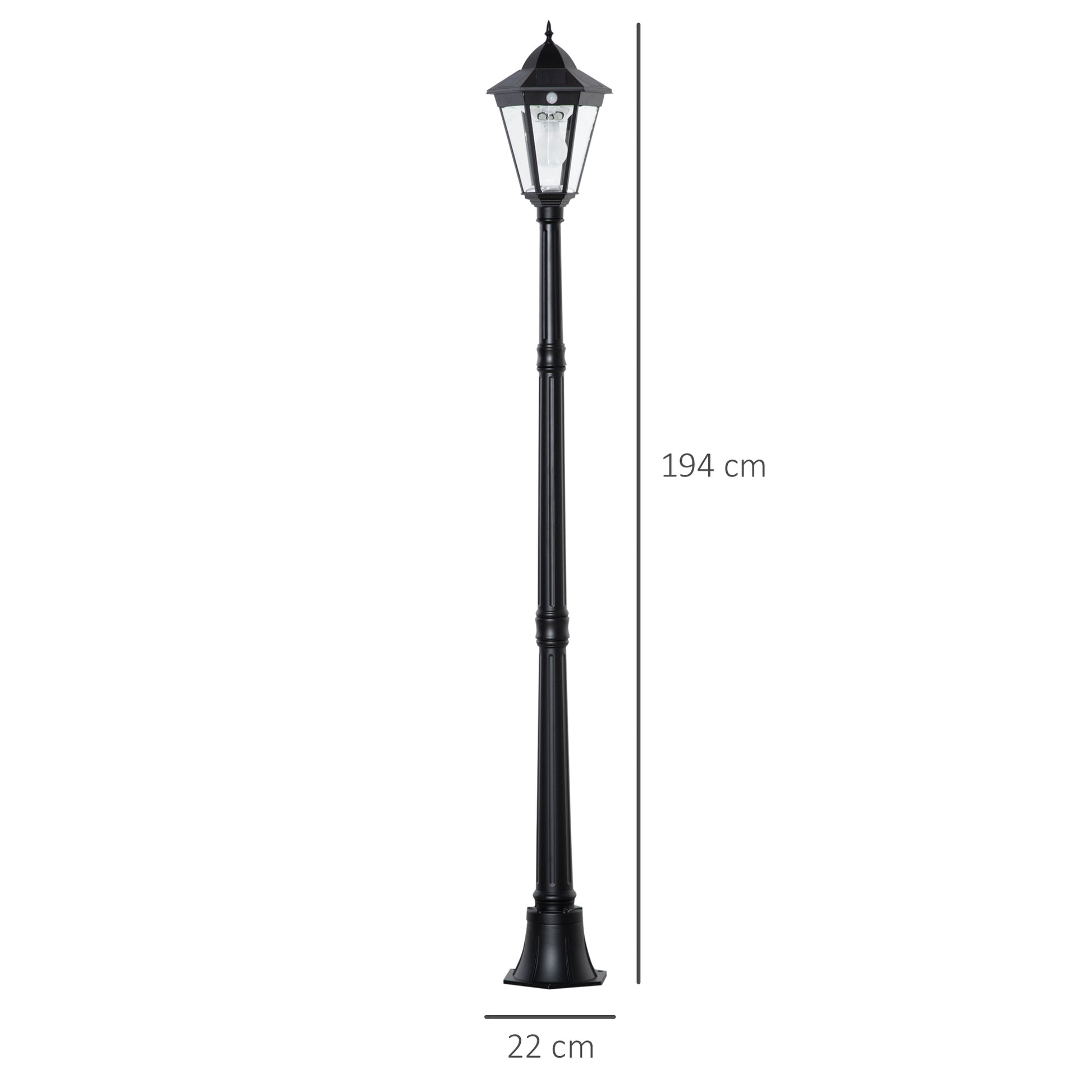 Outsunny Farola Solar Luz Solar de Exterior con Panel Solar Encendido y Apagado Automático Resistente a la Intemperie Marco de Aluminio IP44 para Terraza Patio 22x22x194 cm Negro