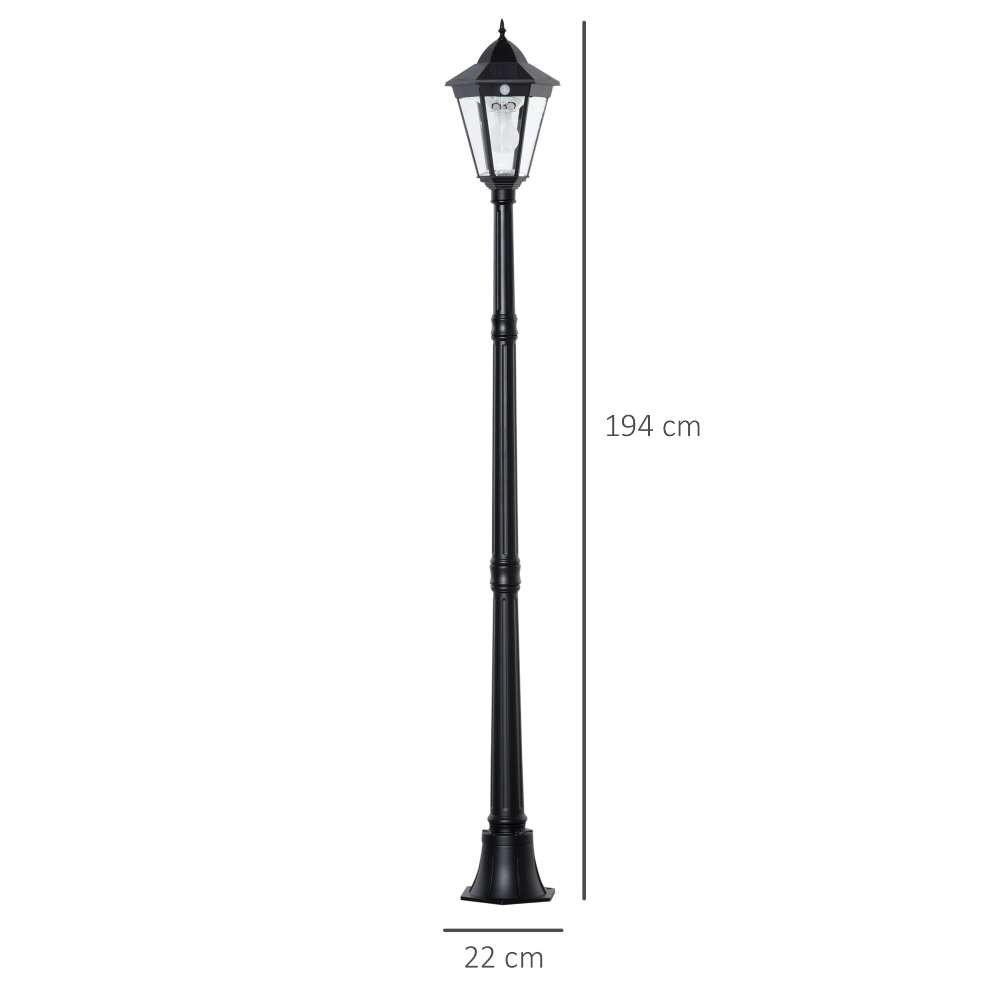 Outsunny Farola Solar Luz Solar de Exterior con Panel Solar Encendido y Apagado Automático Resistente a la Intemperie Marco de Aluminio IP44 para Terraza Patio 22x22x194 cm Negro