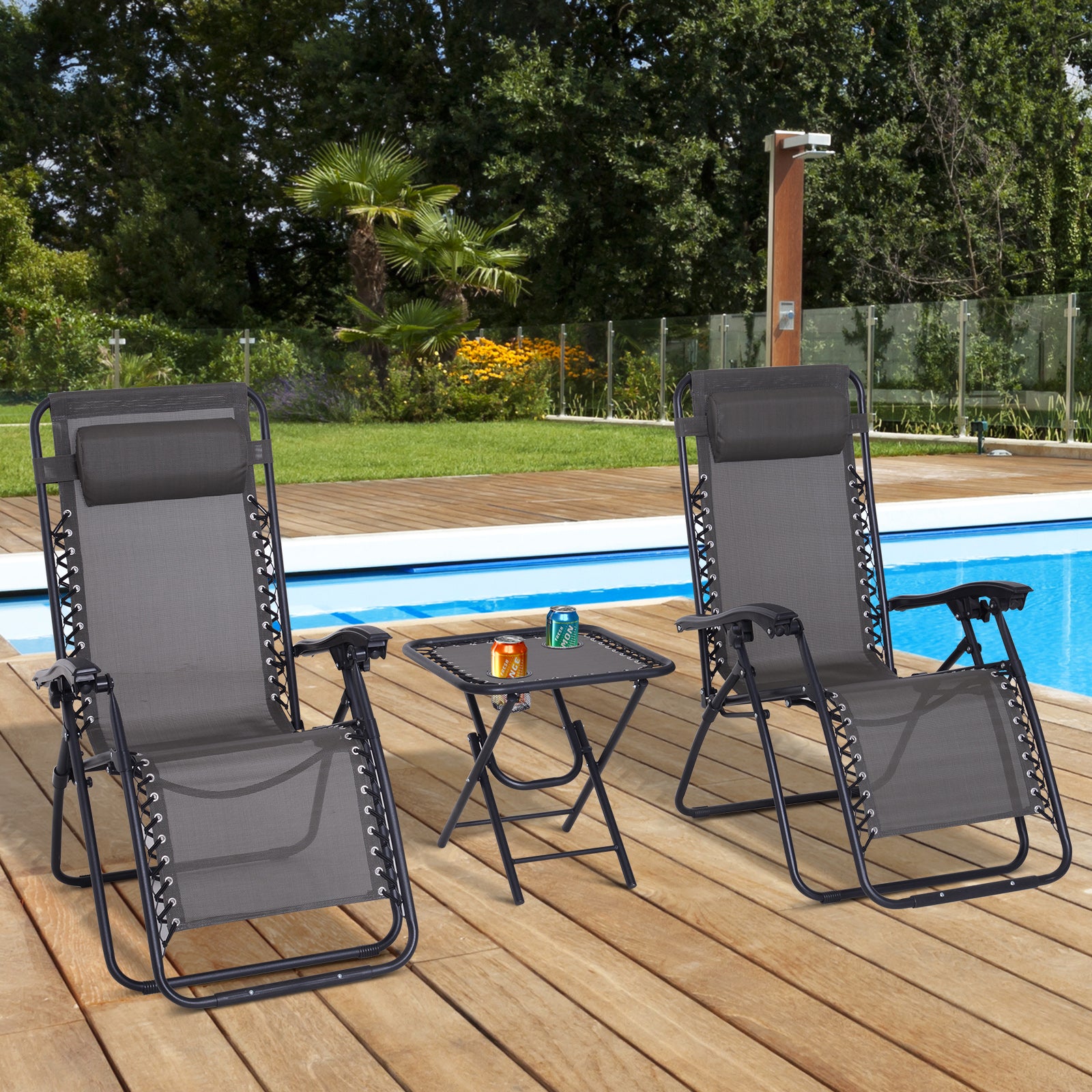 Outsunny Set de 2 Sillas de Gravedad Cero Plegables 90x65x110 cm y Mesa Auxiliar 50x50x50 cm con 2 Portavasos Sillas Reclinables con Reposacabezas para Jardín Terraza Gris