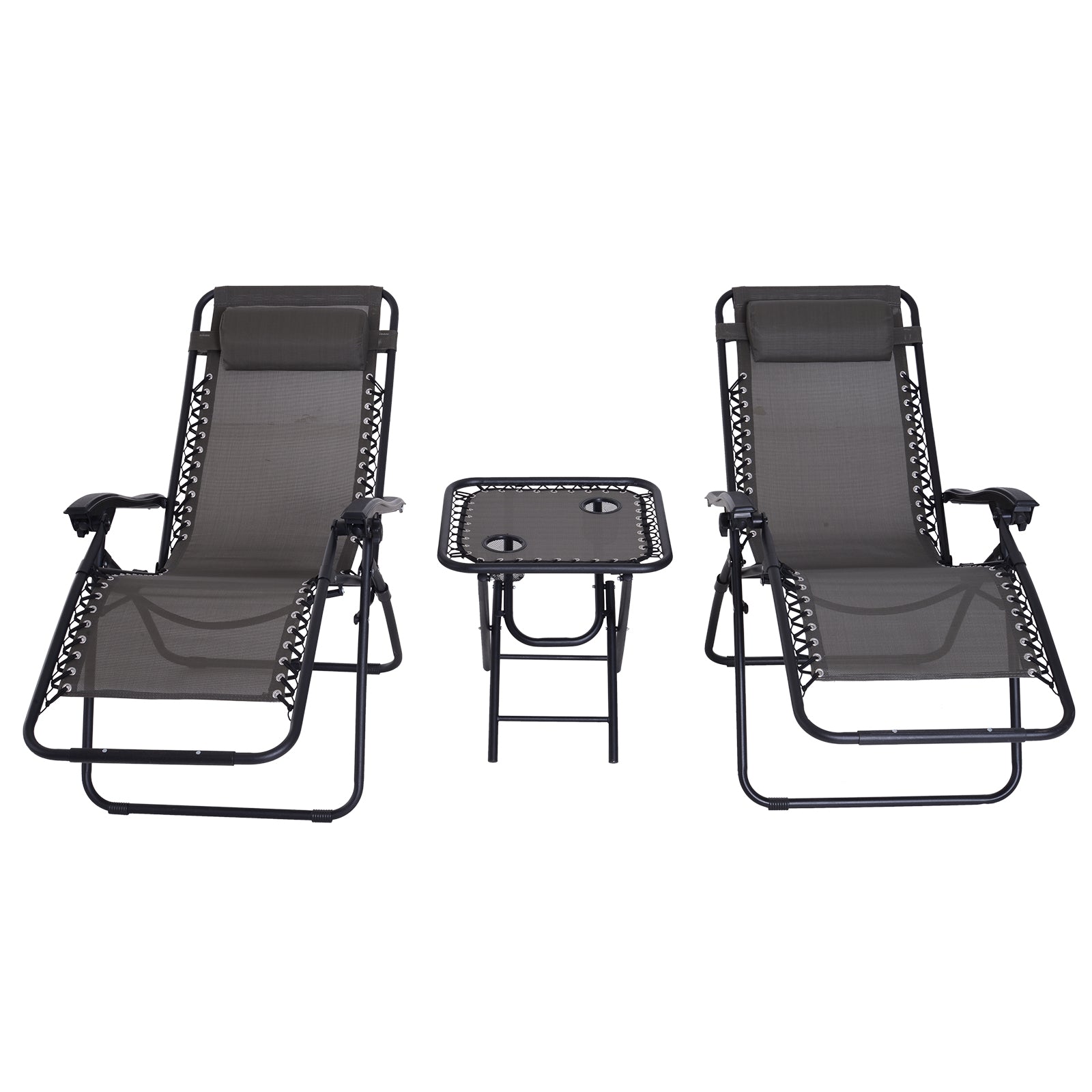 Outsunny Set de 2 Sillas de Gravedad Cero Plegables 90x65x110 cm y Mesa Auxiliar 50x50x50 cm con 2 Portavasos Sillas Reclinables con Reposacabezas para Jardín Terraza Gris