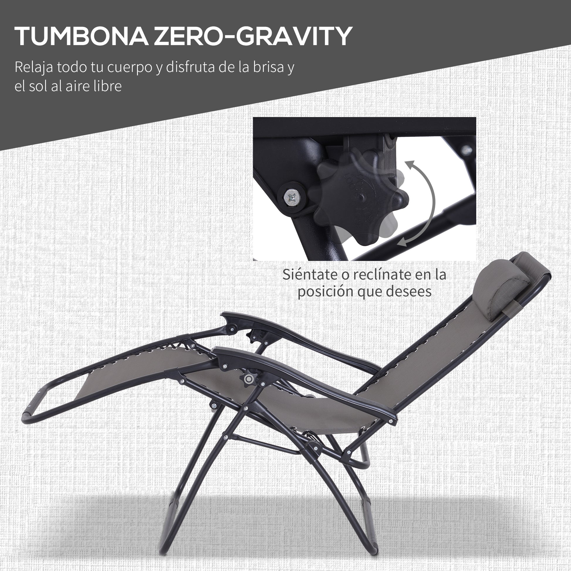 Outsunny Set de 2 Sillas de Gravedad Cero Plegables 90x65x110 cm y Mesa Auxiliar 50x50x50 cm con 2 Portavasos Sillas Reclinables con Reposacabezas para Jardín Terraza Gris