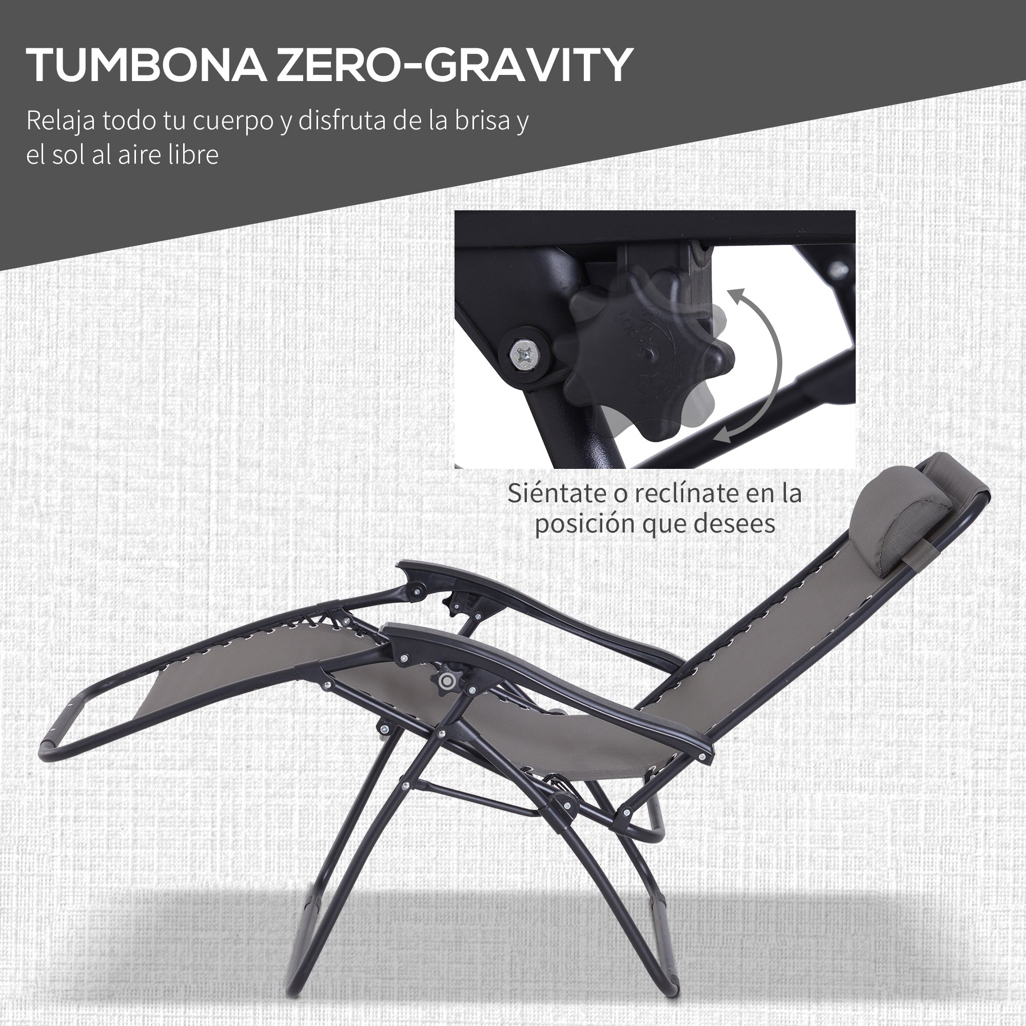 Outsunny Set de 2 Sillas de Gravedad Cero Plegables 90x65x110 cm y Mesa Auxiliar 50x50x50 cm con 2 Portavasos Sillas Reclinables con Reposacabezas para Jardín Terraza Gris