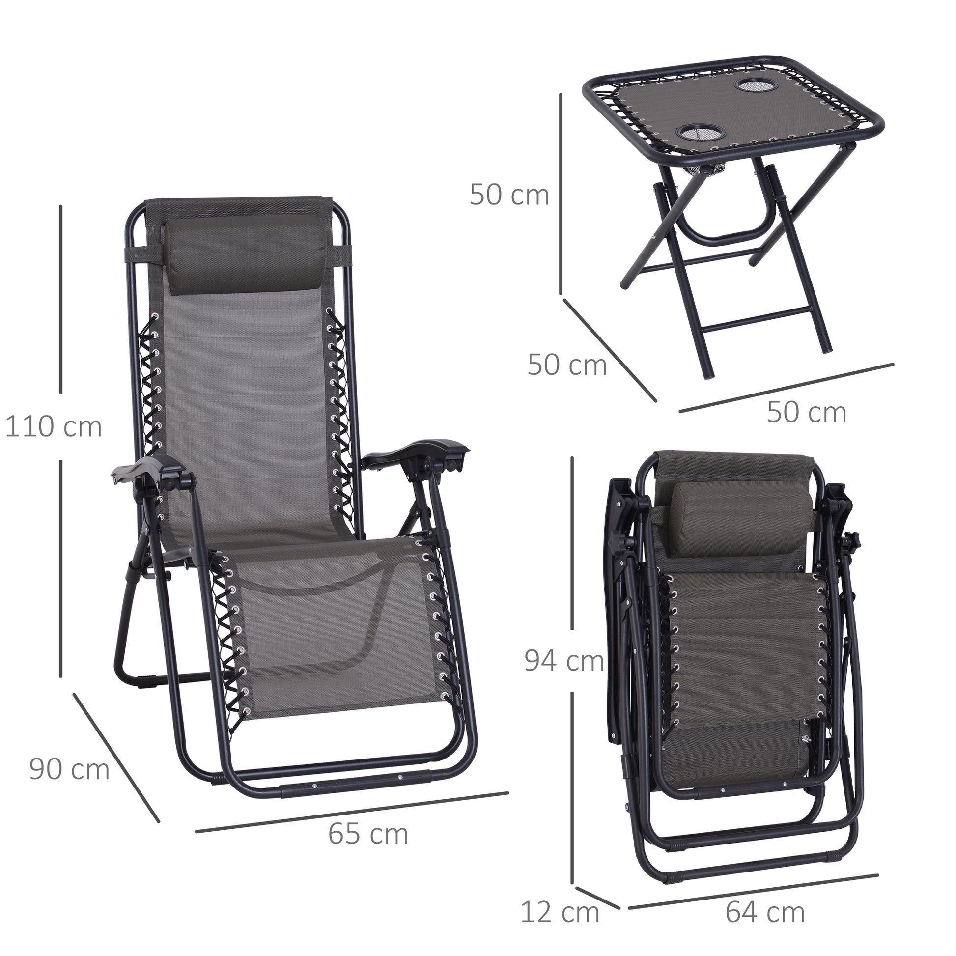 Outsunny Set de 2 Sillas de Gravedad Cero Plegables 90x65x110 cm y Mesa Auxiliar 50x50x50 cm con 2 Portavasos Sillas Reclinables con Reposacabezas para Jardín Terraza Gris