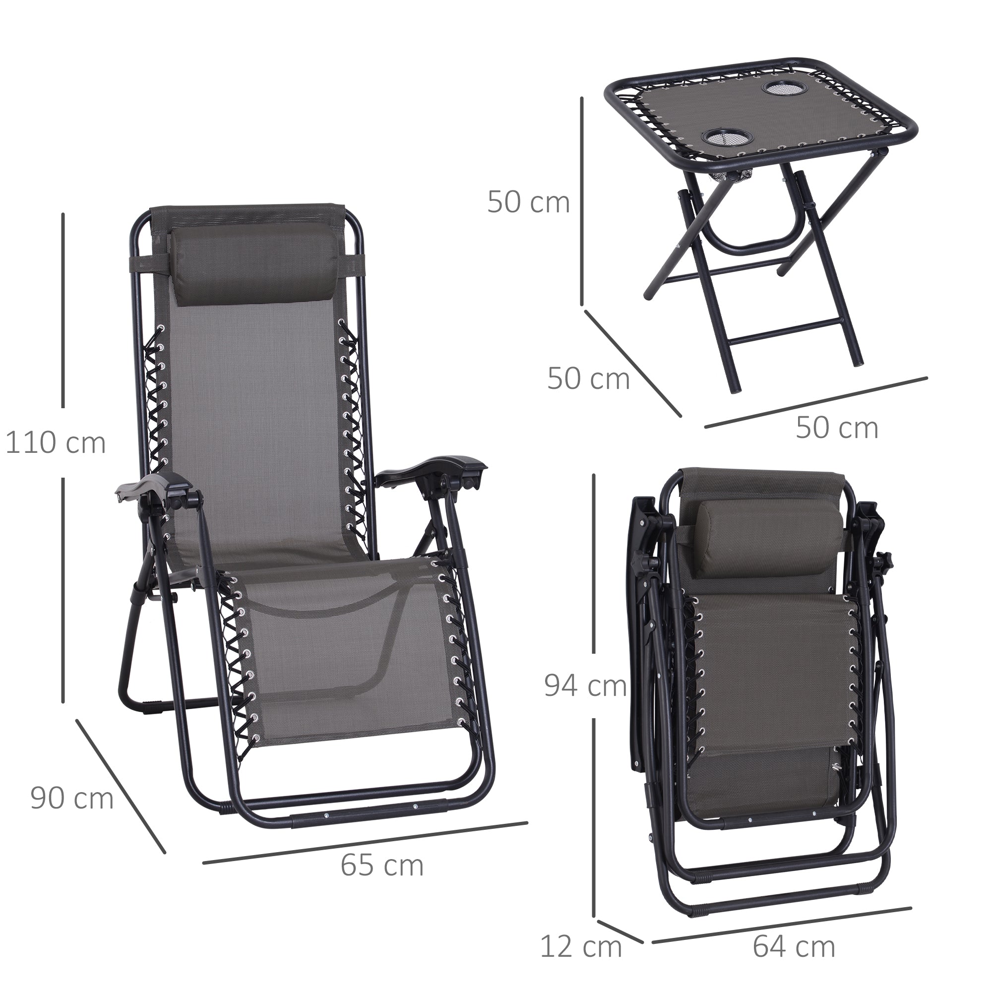 Outsunny Set de 2 Sillas de Gravedad Cero Plegables 90x65x110 cm y Mesa Auxiliar 50x50x50 cm con 2 Portavasos Sillas Reclinables con Reposacabezas para Jardín Terraza Gris