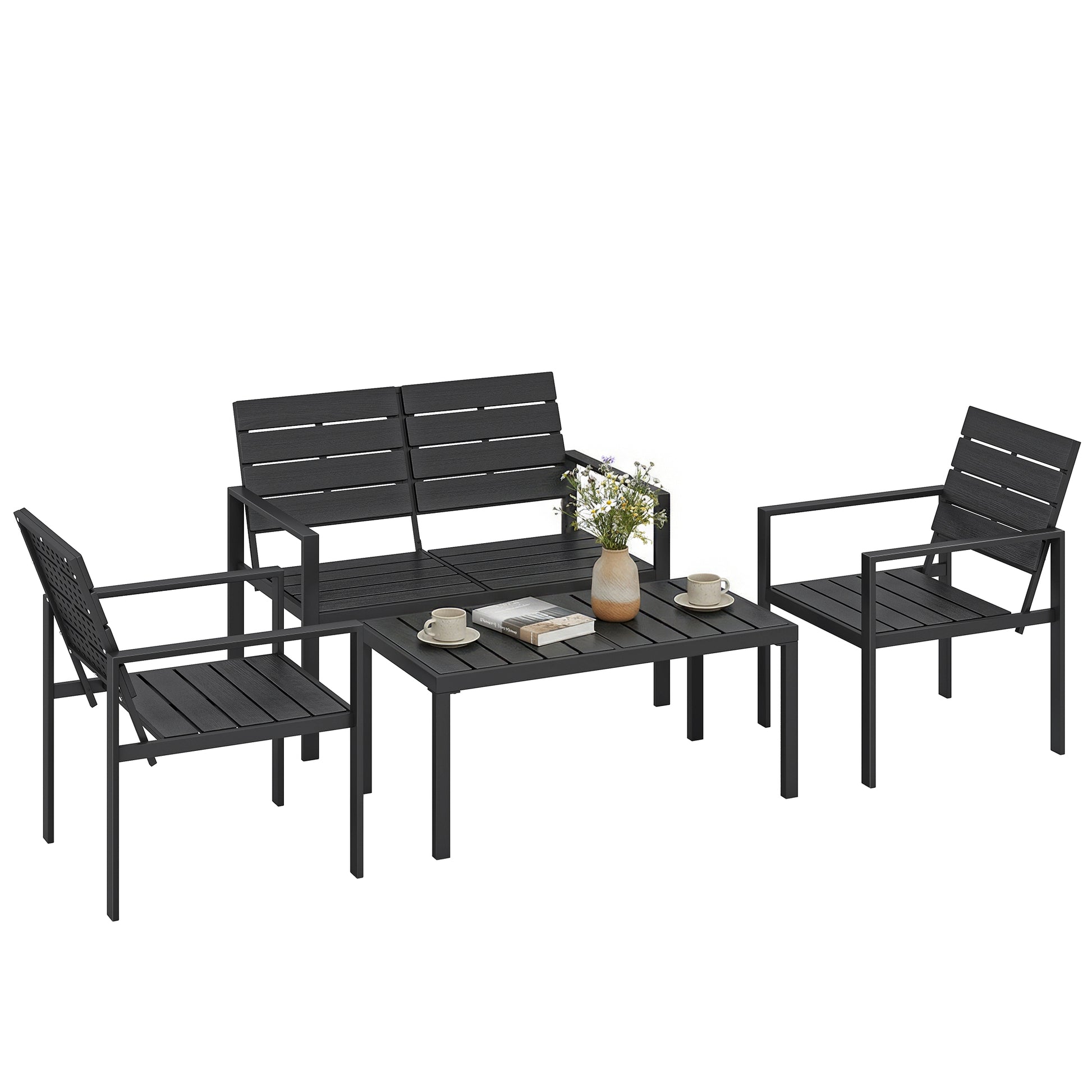 Outsunny Conjunto de Muebles de Jardín para 4 Personas, Sofá de Jardín de 4 Piezas con Sofá de 2 Plazas, 2 Sillones, Mesa de Centro, Estructura Metálica, Negro