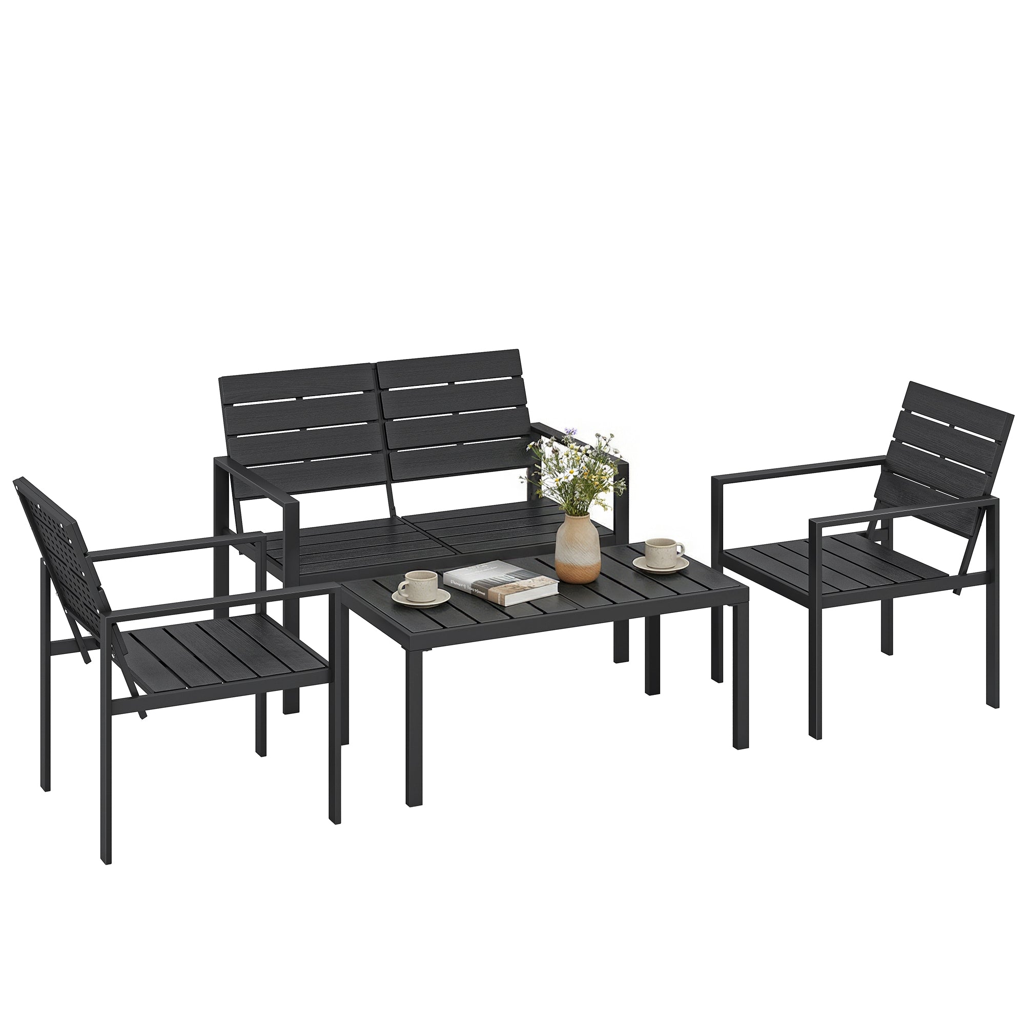 Outsunny Conjunto de Muebles de Jardín para 4 Personas, Sofá de Jardín de 4 Piezas con Sofá de 2 Plazas, 2 Sillones, Mesa de Centro, Estructura Metálica, Negro
