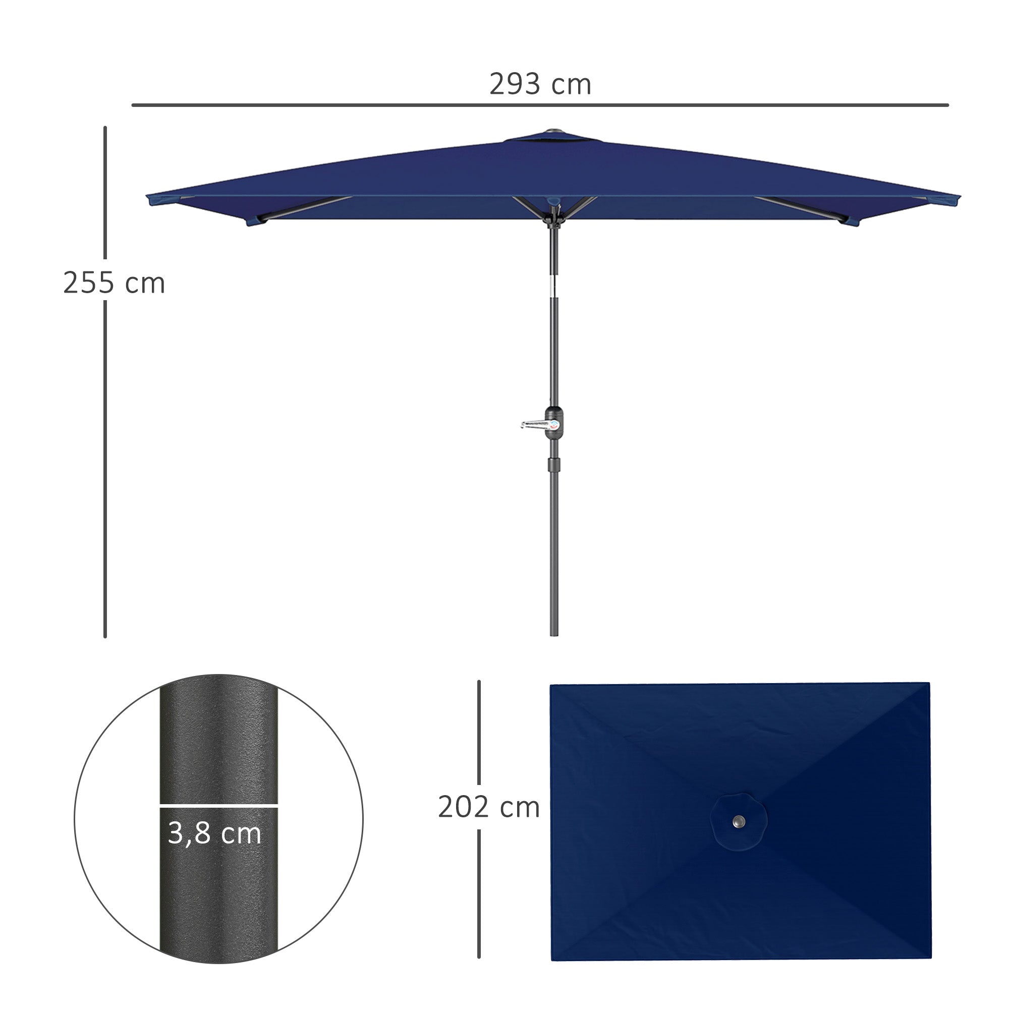 Outsunny Sombrilla de Terraza Exterior, 198x294 cm, Parasol de Terraza Exterior con Ángulo Ajustable, Manivela, Mástil de Aluminio Desmontable y Anti-UV, Sombrilla para Jardín, Patio, Azul Marino