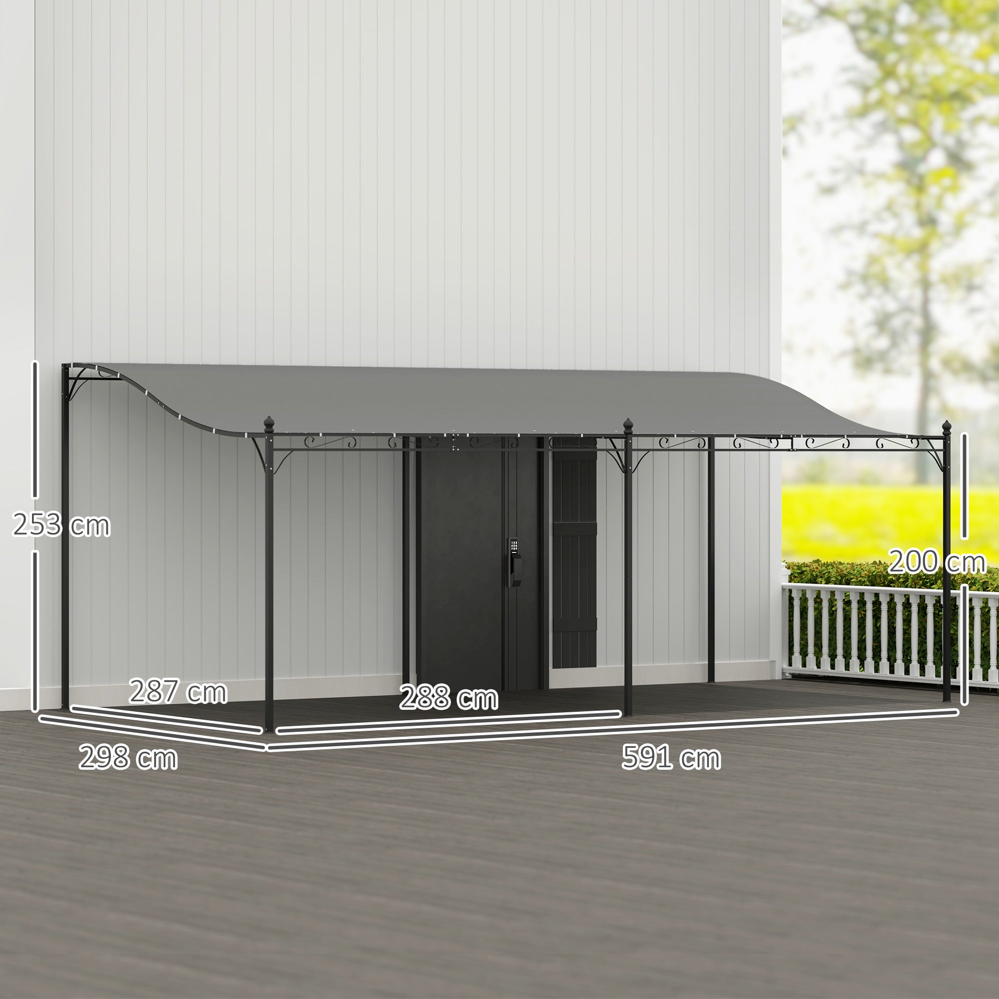 Outsunny Pérgola de Pared de Jardín 3x6 m, Cenador de Jardín con Techo Inclinado, Orificios de Drenaje y Estructura Metálica, Resistente a la Intemperie, para Patio, Terraza, Balcón, Gris Oscuro