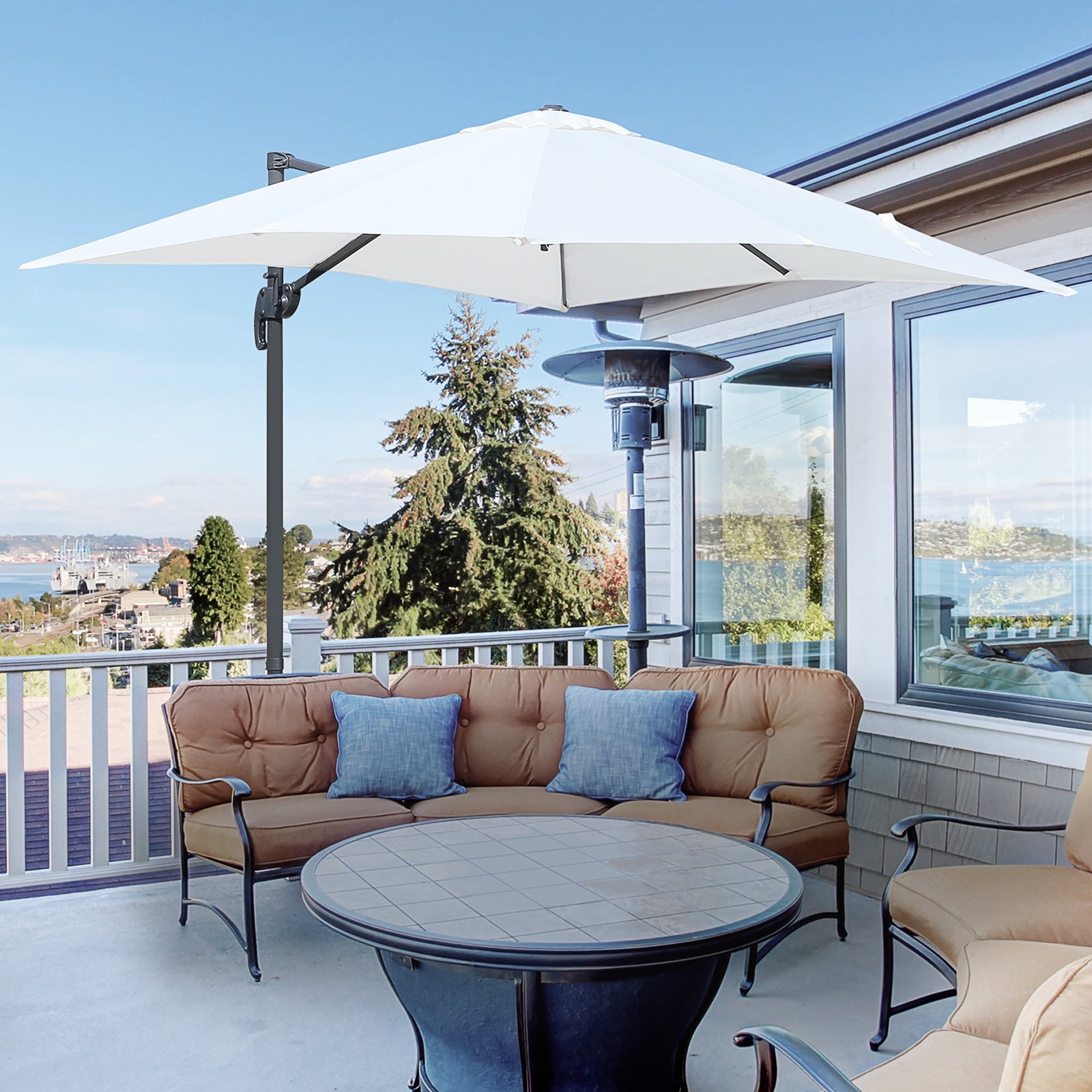 Outsunny Sombrilla de Aluminio Jardín 245x245x248 cm Parasol Excéntrico con Rotación 360° Inclinación de 5 Niveles con Manivela y Ventilación para Patio Terraza Beige