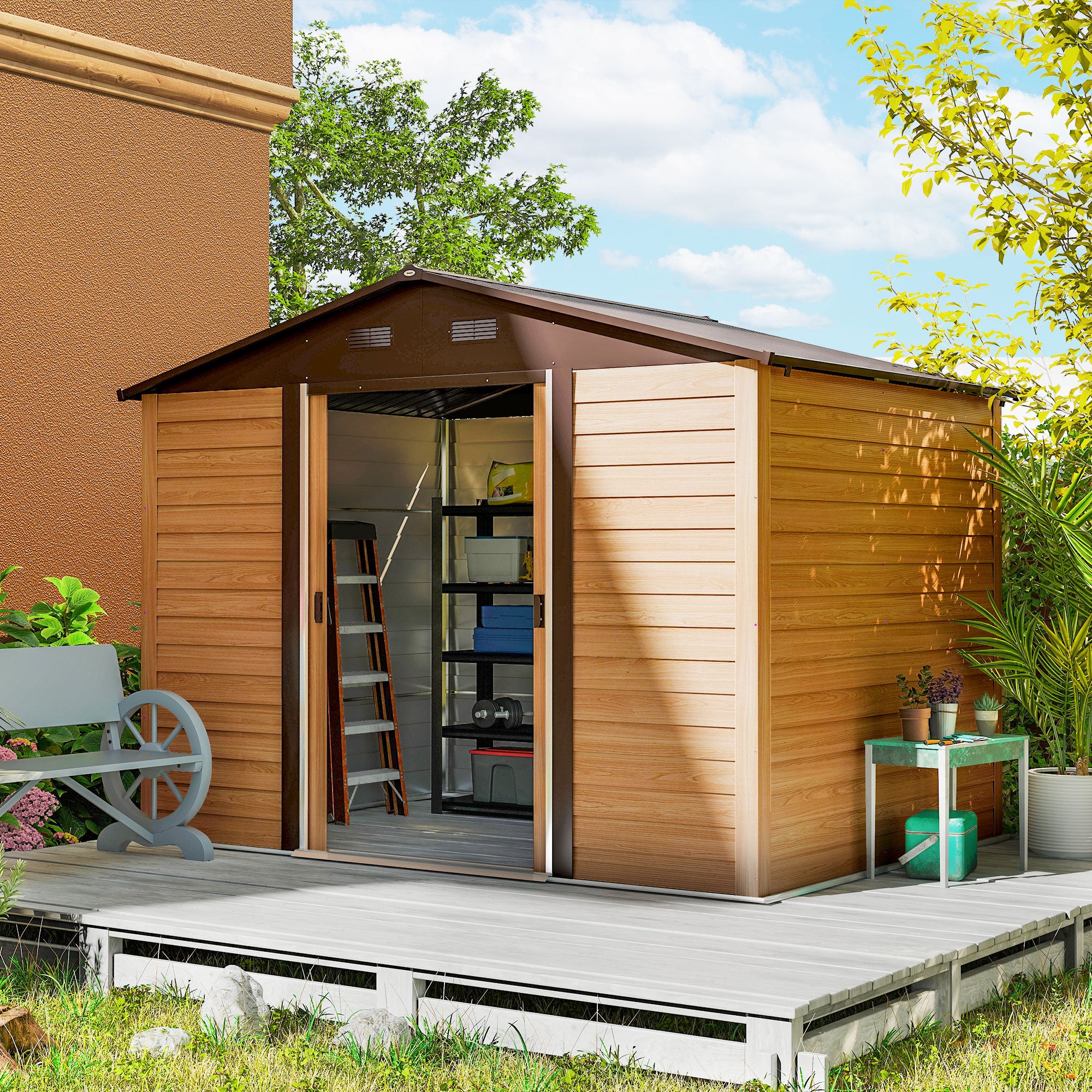 Outsunny Caseta de Jardín Exterior 4,84 m² 278x195x215 cm Cobertizo de Jardín Exterior Metálica con 2 Puertas Corredizas y 4 Ventanas para Almacenamiento de Herramientas Efecto Madera Natural y Café