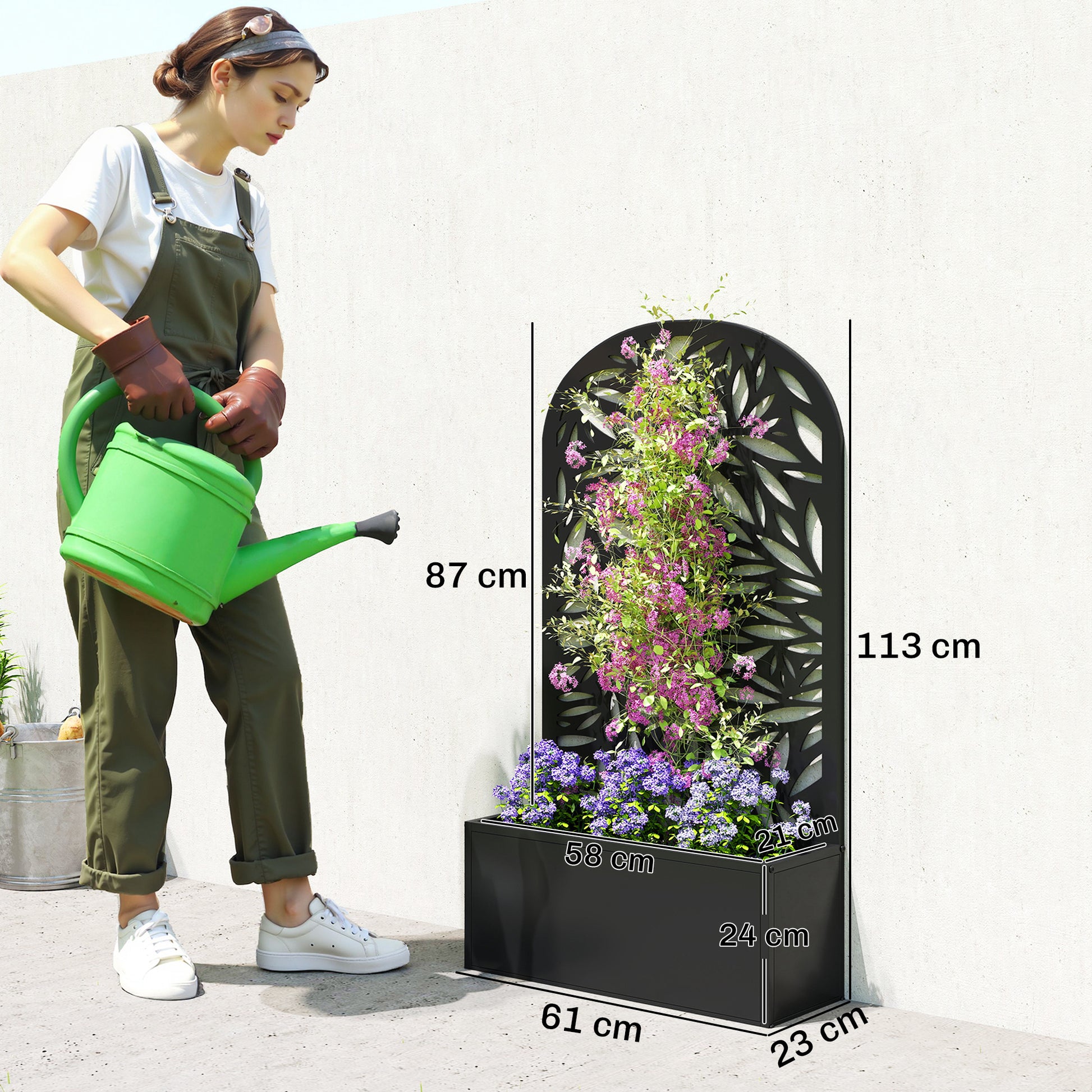 Outsunny Jardinera Exterior Grande de Metal, Jardinera con Pantalla de Privacidad Curva de Hojas Decorativas, Macetero de Pared o Independiente para Plantas Trepadoras, Patio, 61x23x113 cm, Negro