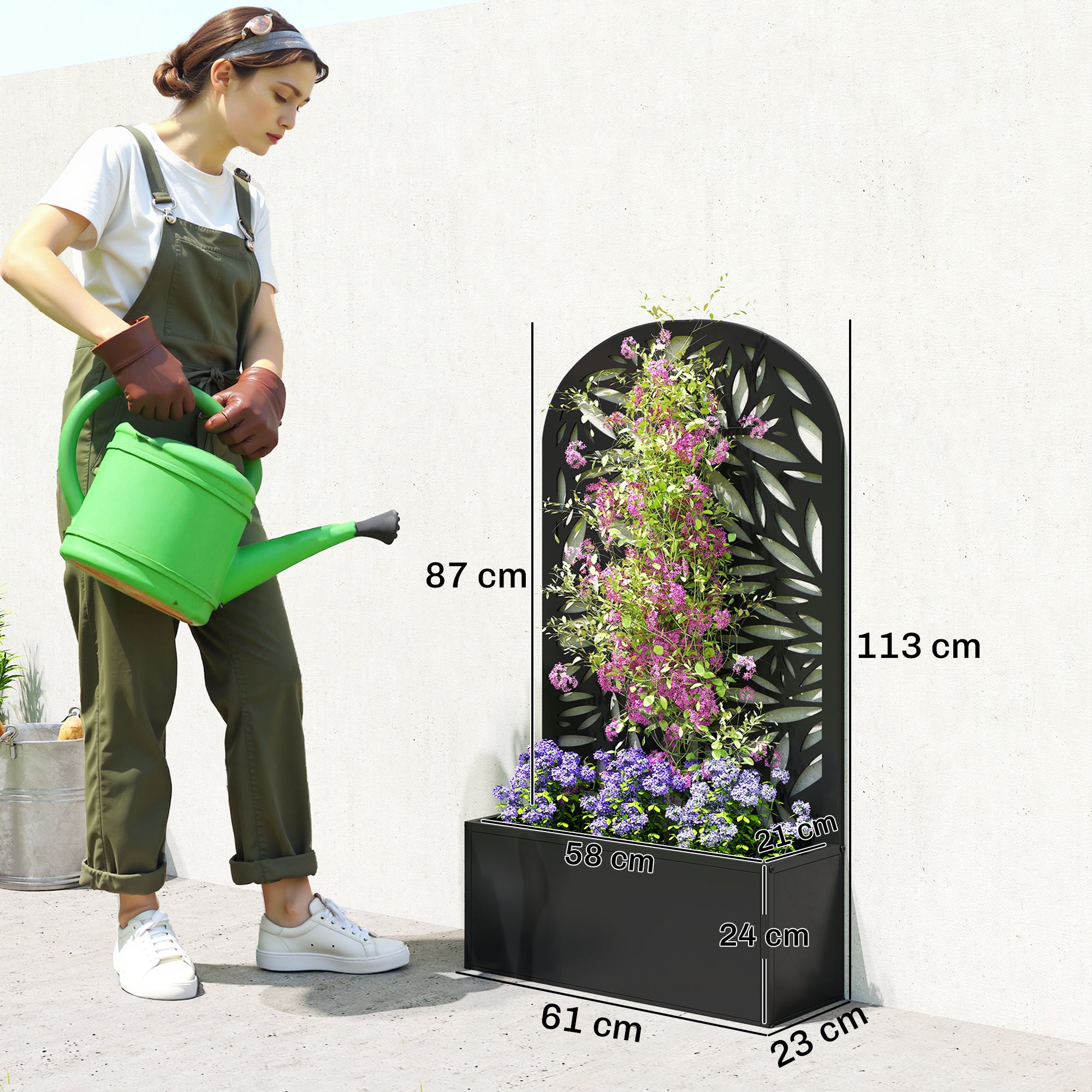 Outsunny Jardinera Exterior Grande de Metal, Jardinera con Pantalla de Privacidad Curva de Hojas Decorativas, Macetero de Pared o Independiente para Plantas Trepadoras, Patio, 61x23x113 cm, Negro