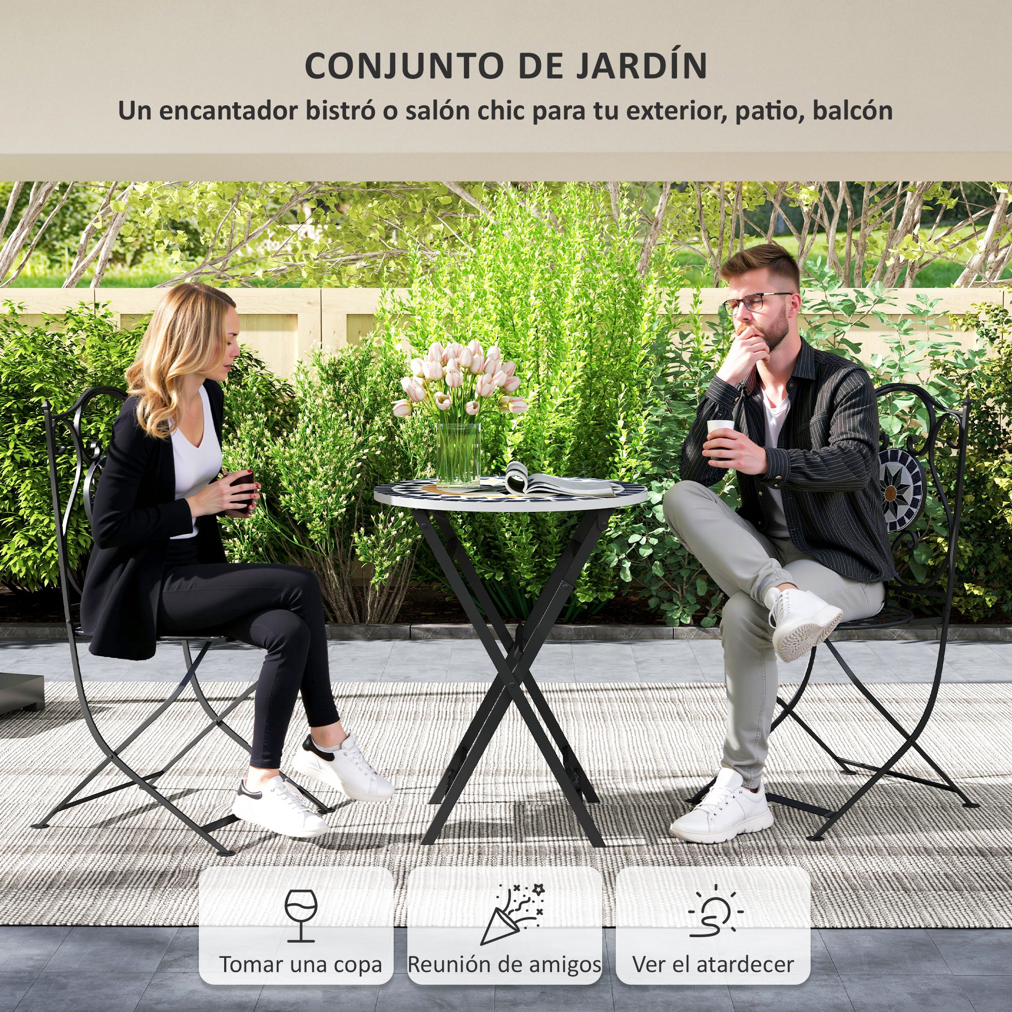 Outsunny Conjunto de Jardín Exterior de 3 Piezas Muebles de Jardín Exterior con Mesa Redonda Sillas Plegables y Patrón de Mosaico Geométrico para Terraza Patio Balcón Multicolor
