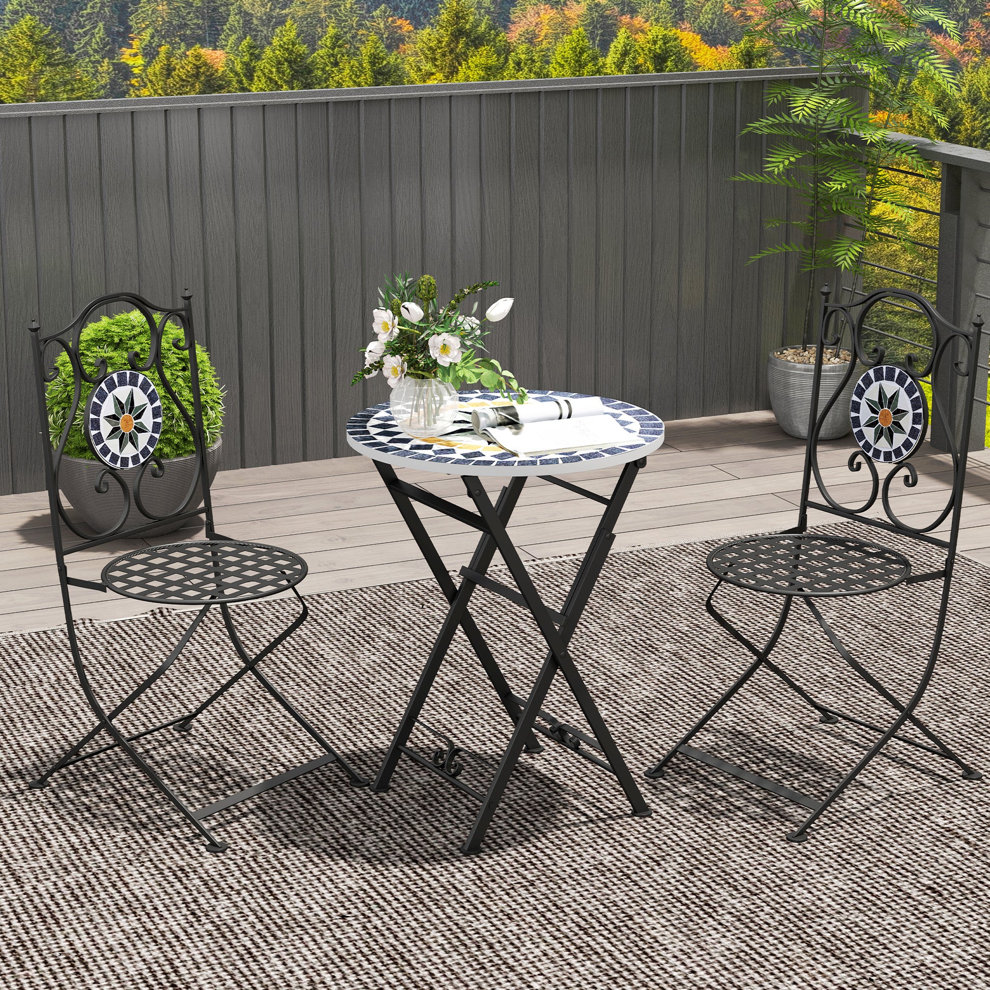 Outsunny Conjunto de Jardín Exterior de 3 Piezas Muebles de Jardín Exterior con Mesa Redonda Sillas Plegables y Patrón de Mosaico Geométrico para Terraza Patio Balcón Multicolor