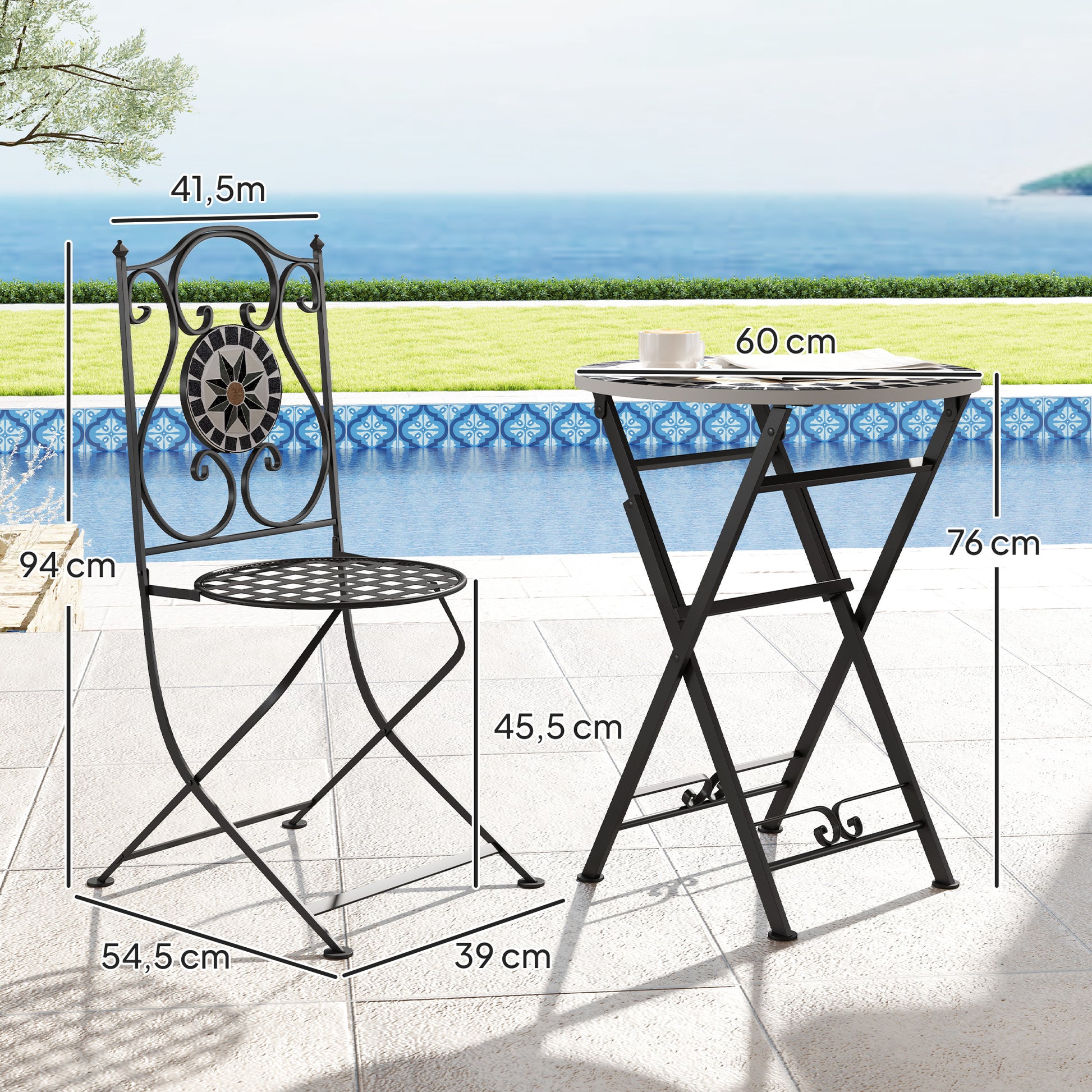 Outsunny Conjunto de Jardín Exterior de 3 Piezas Muebles de Jardín Exterior con Mesa Redonda Sillas Plegables y Patrón de Mosaico Geométrico para Terraza Patio Balcón Multicolor