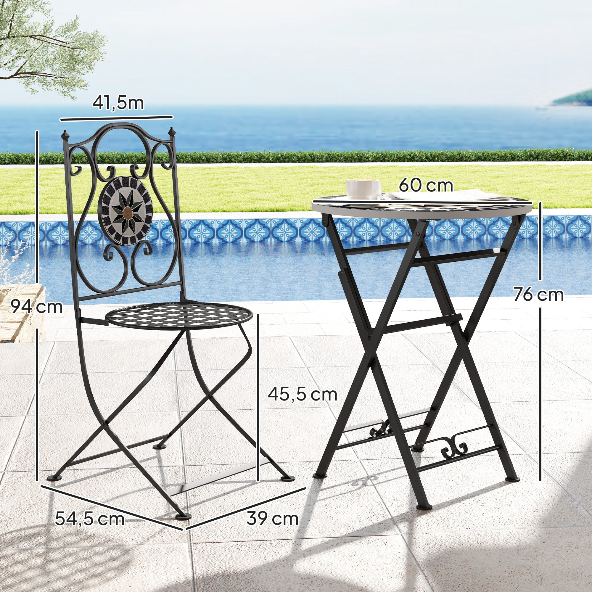 Outsunny Conjunto de Jardín Exterior de 3 Piezas Muebles de Jardín Exterior con Mesa Redonda Sillas Plegables y Patrón de Mosaico Geométrico para Terraza Patio Balcón Multicolor