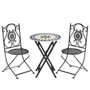Outsunny Conjunto de Jardín Exterior de 3 Piezas Muebles de Jardín Exterior con Mesa Redonda Sillas Plegables y Patrón de Mosaico Geométrico para Terraza Patio Balcón Multicolor
