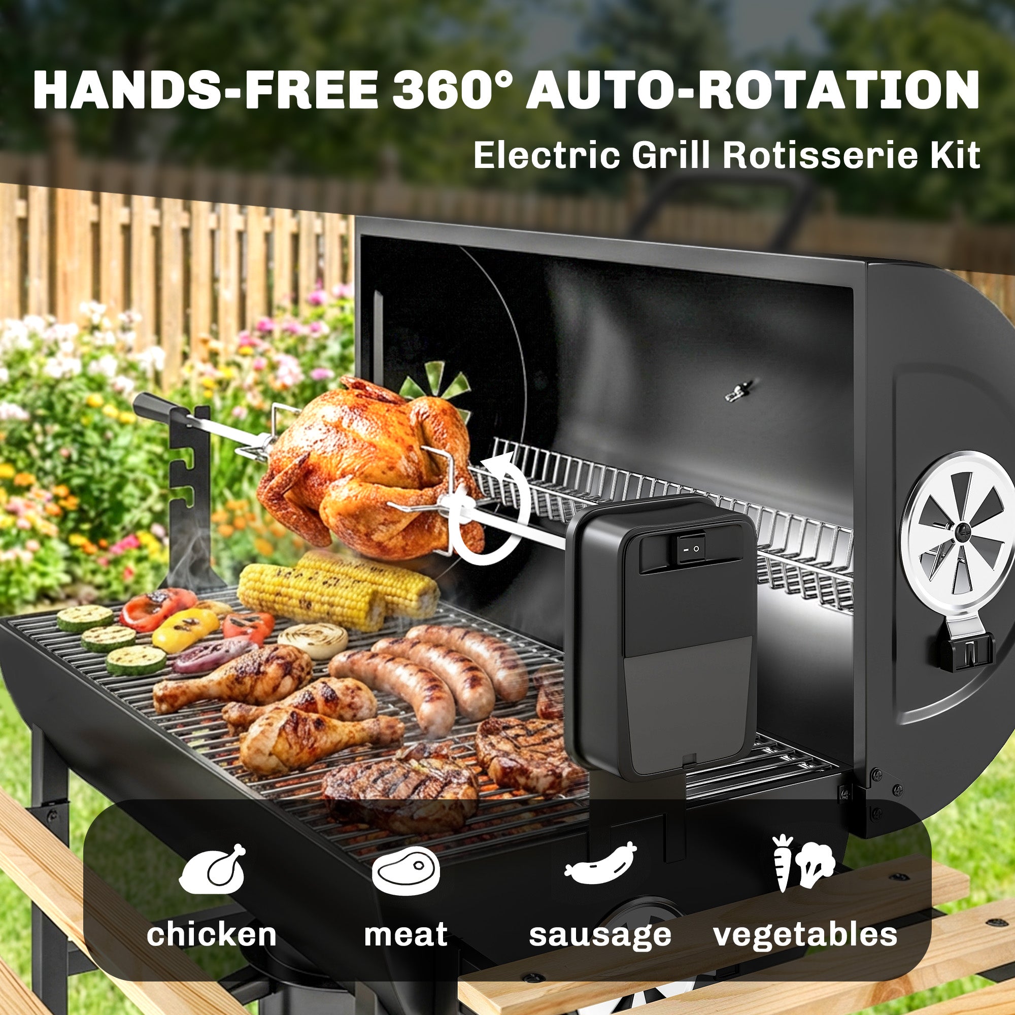 Outsunny Barbacoa de Carbón Portátil, Barbacoa Carbón Barril Móvil con Asador Eléctrico, Estantes Plegables, Rejilla de Calentamiento, Termómetro, Ventilaciones Ajustables, Recoge Cenizas, Ruedas, Asa