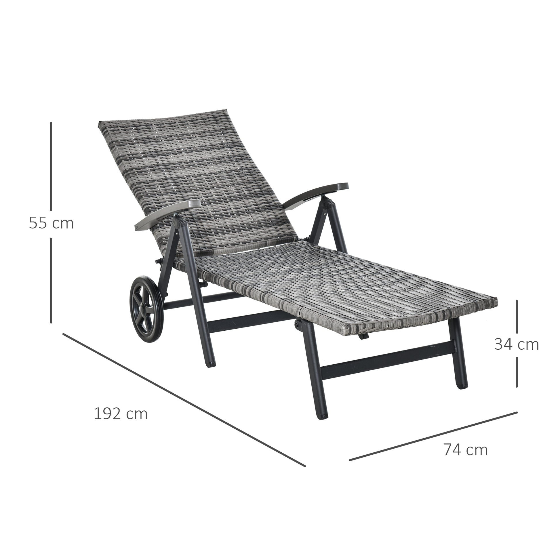 Outsunny Tumbona de Jardín de Ratán 192x74x55 cm con Respaldo Reclinable en 7 Posiciones Reposabrazos y Ruedas Marco de Aluminio para Patio Terraza Balcón Gris
