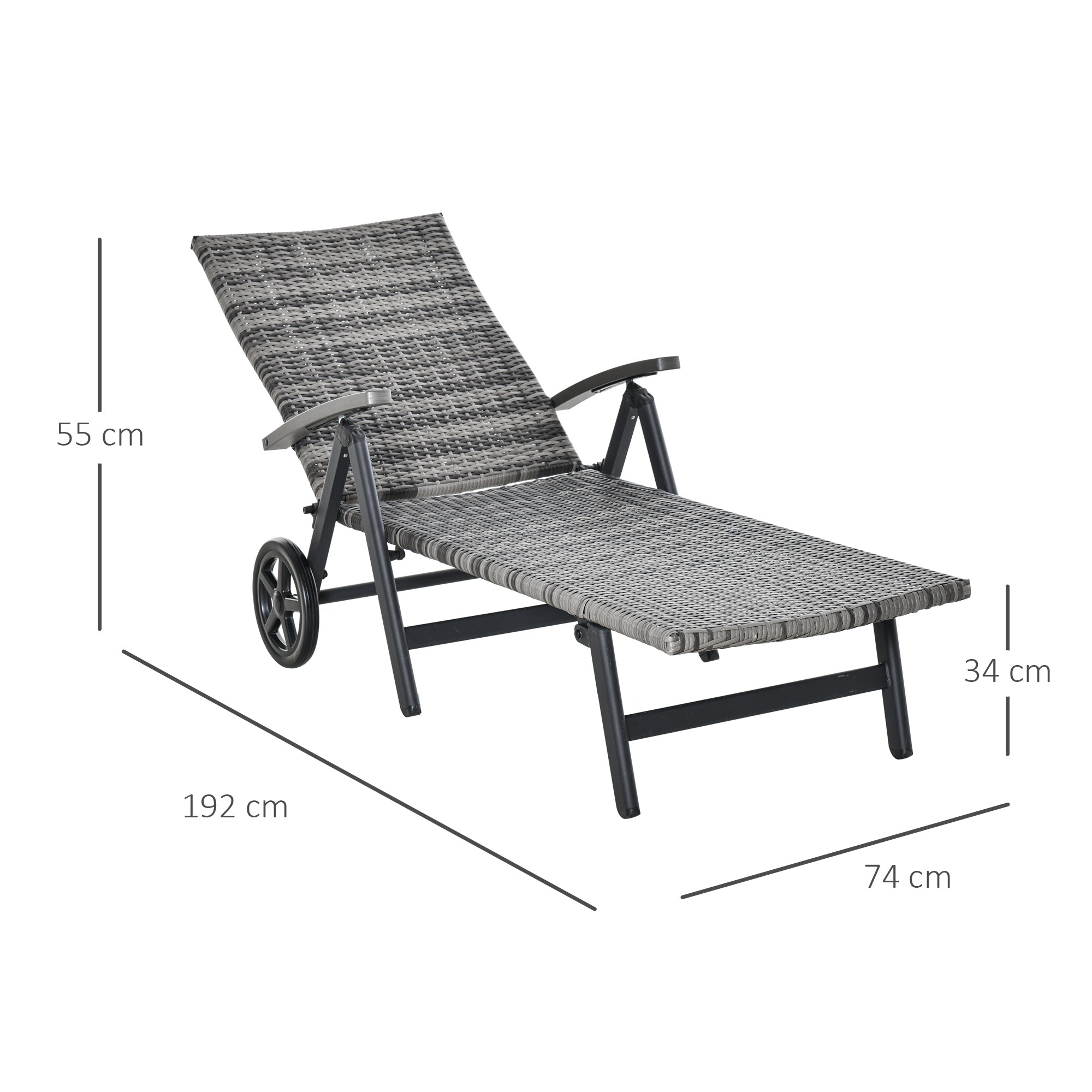 Outsunny Tumbona de Jardín de Ratán 192x74x55 cm con Respaldo Reclinable en 7 Posiciones Reposabrazos y Ruedas Marco de Aluminio para Patio Terraza Balcón Gris