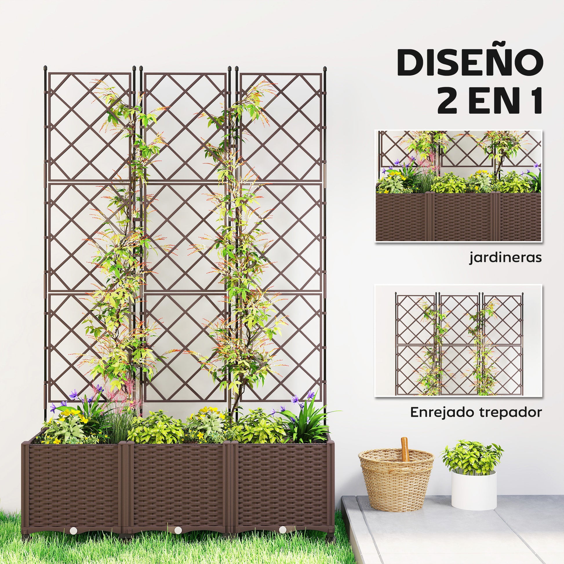Outsunny Jardinera con Enrejado, Jardinera Exterior Grande con Ruedas para Plantas Trepadoras, con Ofricios de Drenaje y Tapones, Macetero Elevado para Jardín, Patio, Terraza, 120x40x192 cm, Marrón