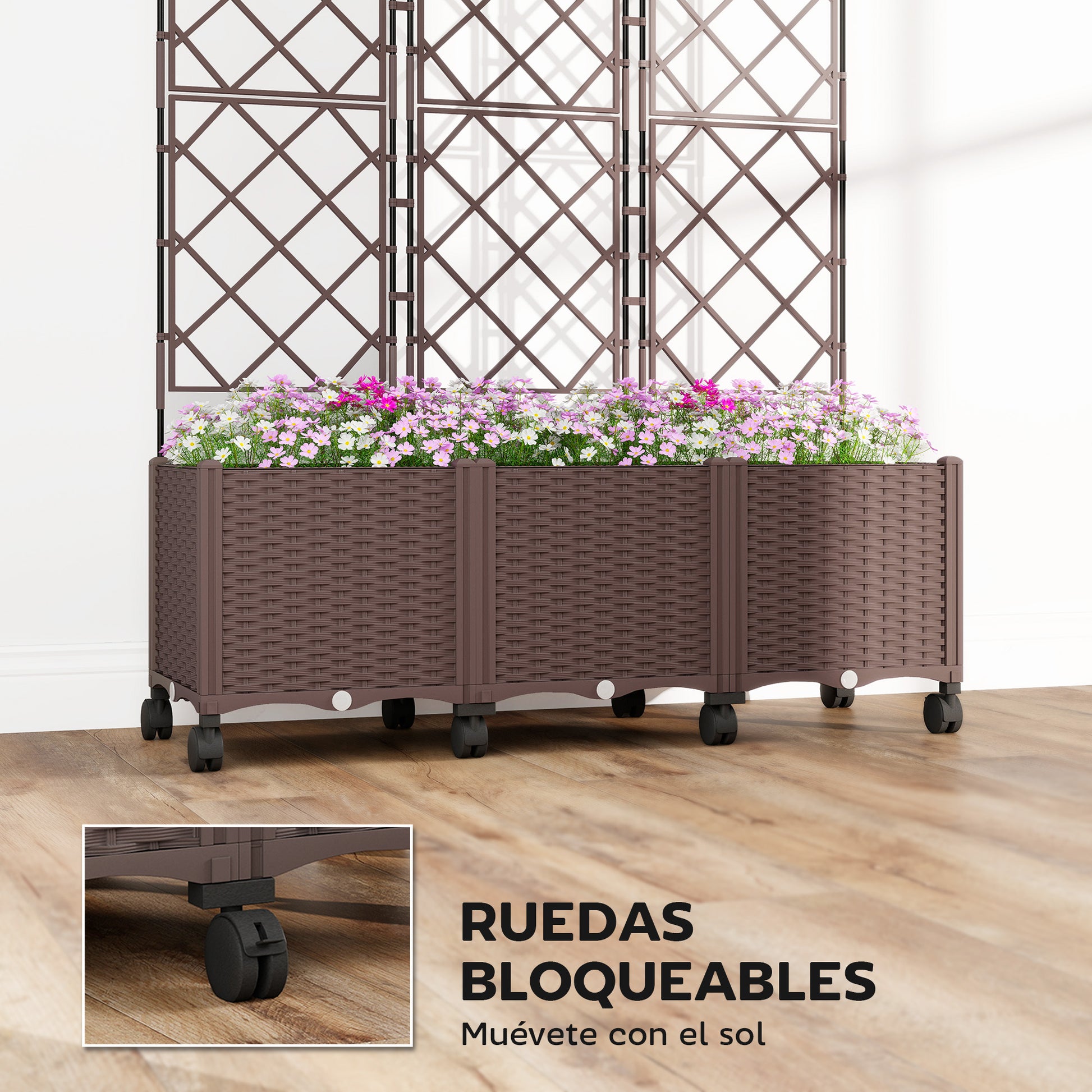 Outsunny Jardinera con Enrejado, Jardinera Exterior Grande con Ruedas para Plantas Trepadoras, con Ofricios de Drenaje y Tapones, Macetero Elevado para Jardín, Patio, Terraza, 120x40x192 cm, Marrón